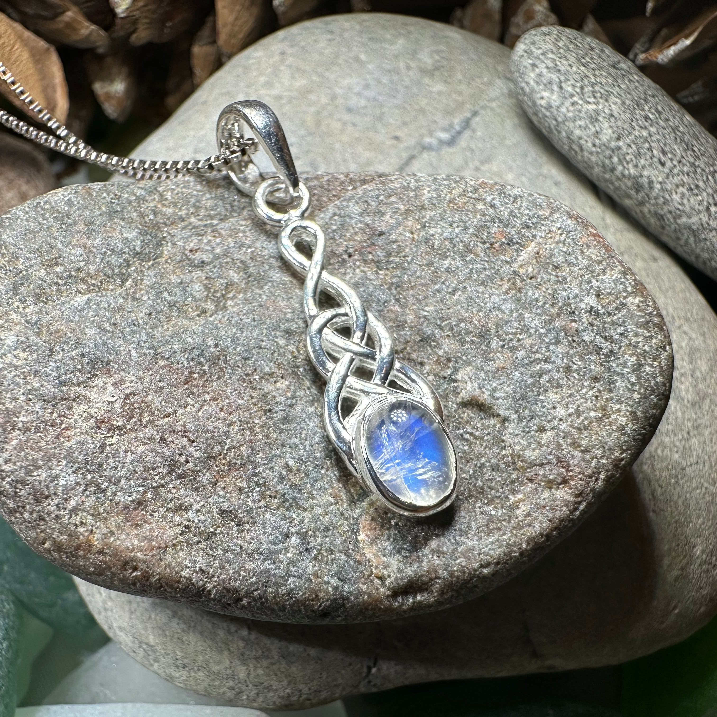 Dublin Celtic Knot Necklace pendant by Celtic Crystal Design Jewelry featuring intricate Celtic knot pattern on silver-tone jewelry.