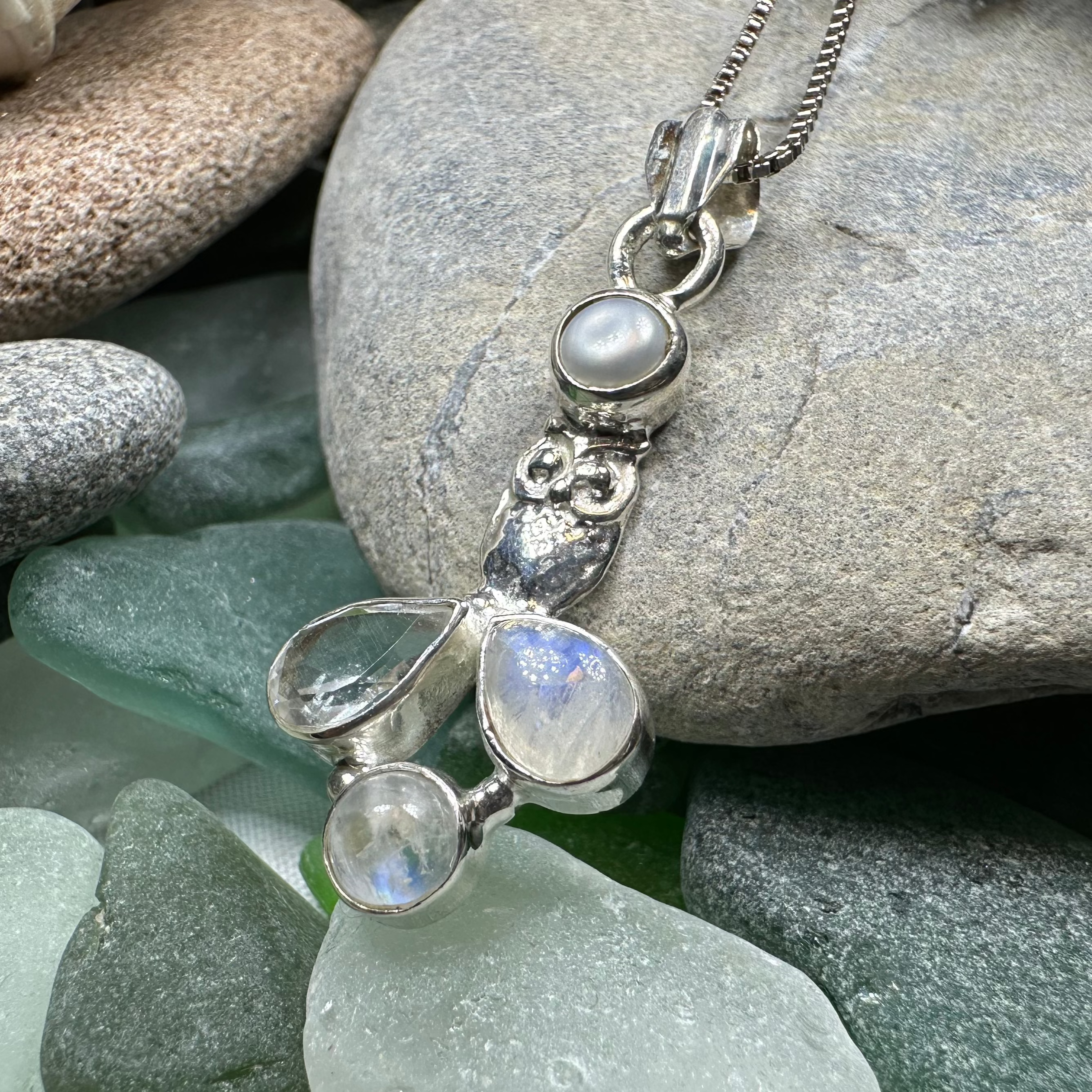 Celtic Crystal Design Jewelry Misty Morning Moonstone Owl Pendant featuring moonstone and topaz in a detailed owl design.