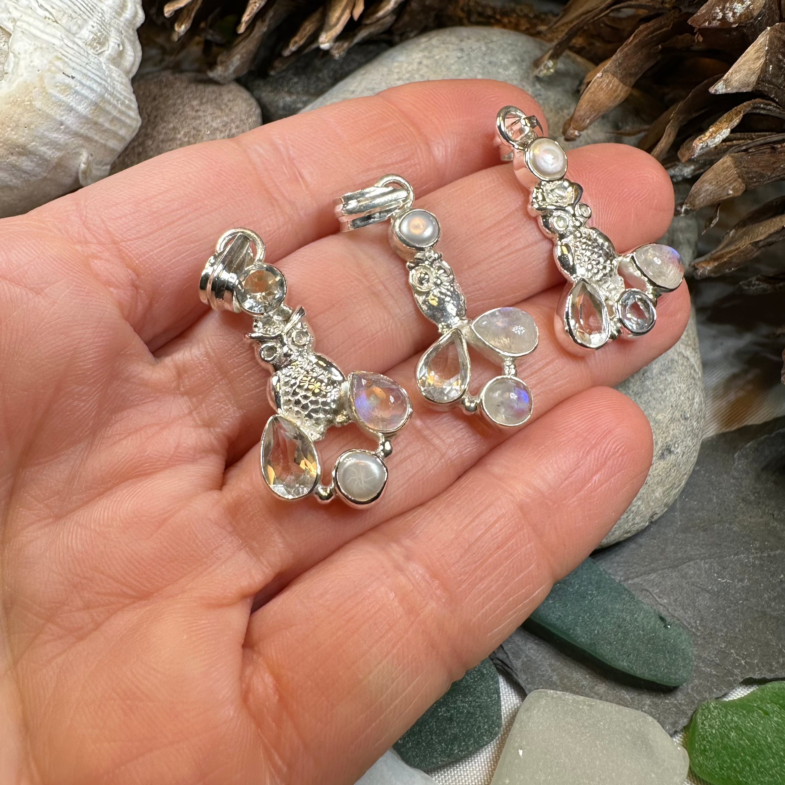 Celtic Crystal Design Jewelry Misty Morning Moonstone Owl pendant featuring a moonstone and topaz accents on an 18-inch chain