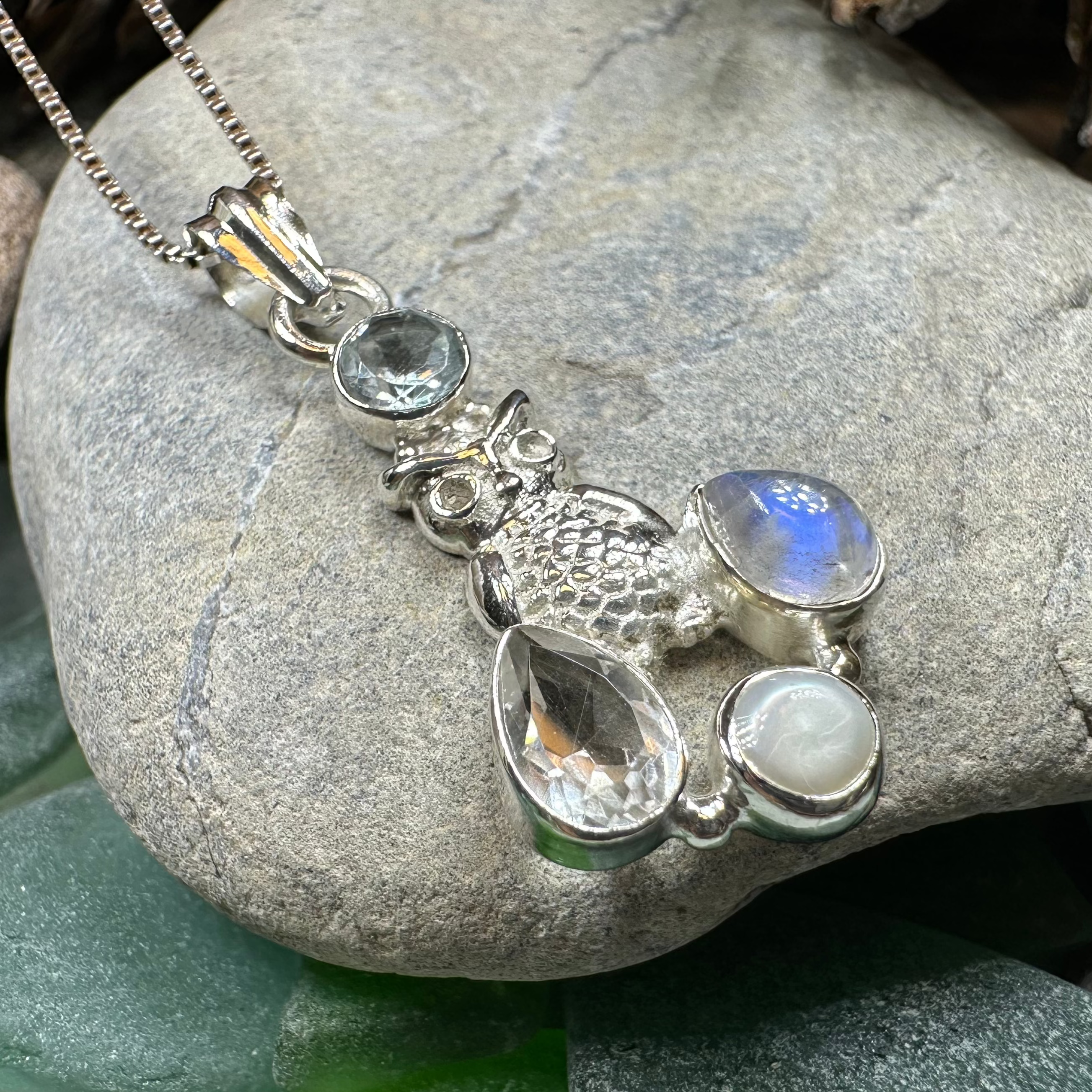 Celtic Crystal Design Jewelry Misty Morning Moonstone Owl Pendant with topaz accent, featuring an intricate owl design.