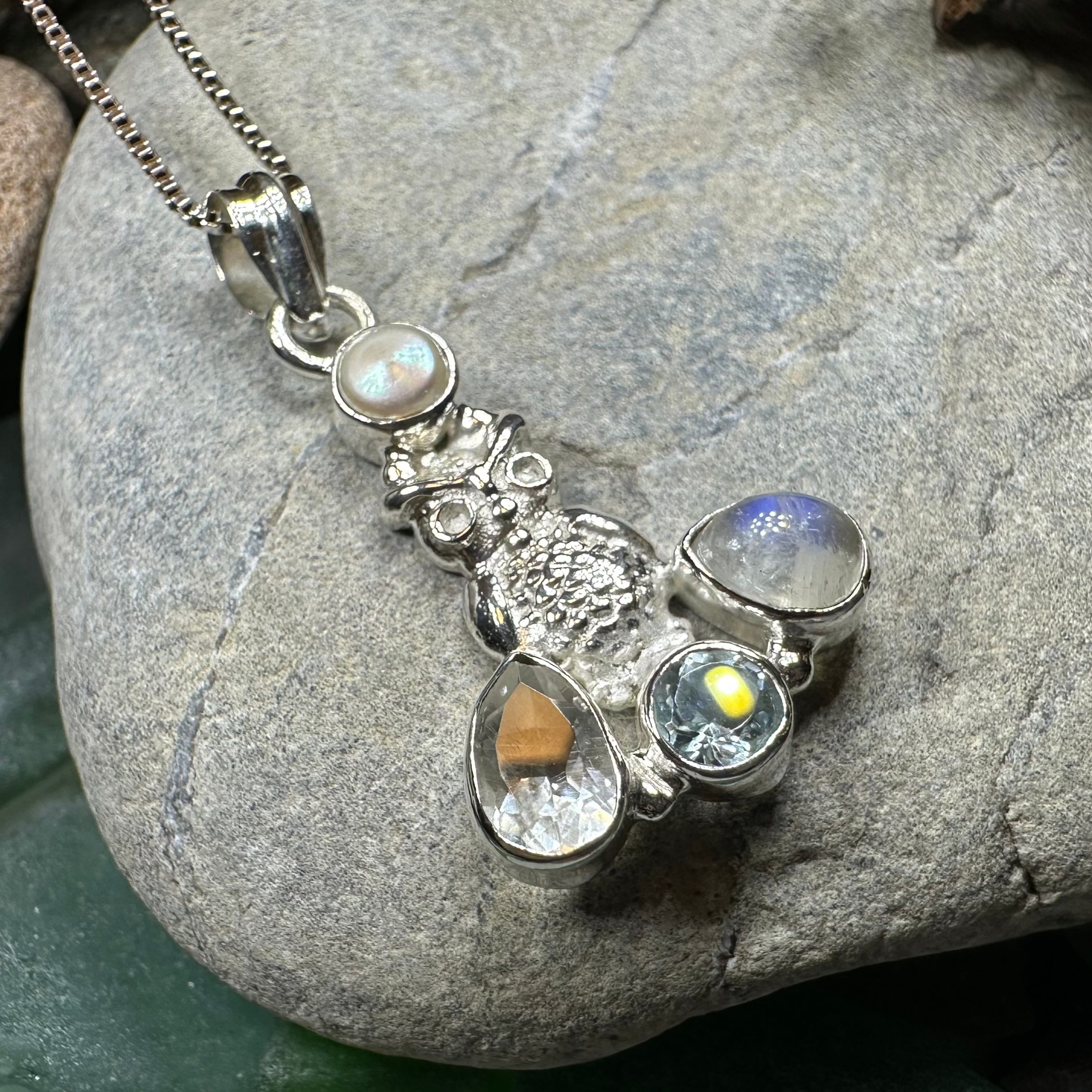 Celtic Crystal Design Jewelry Misty Morning Moonstone Owl Pendant with topaz accents, featuring a detailed moonstone owl necklace.