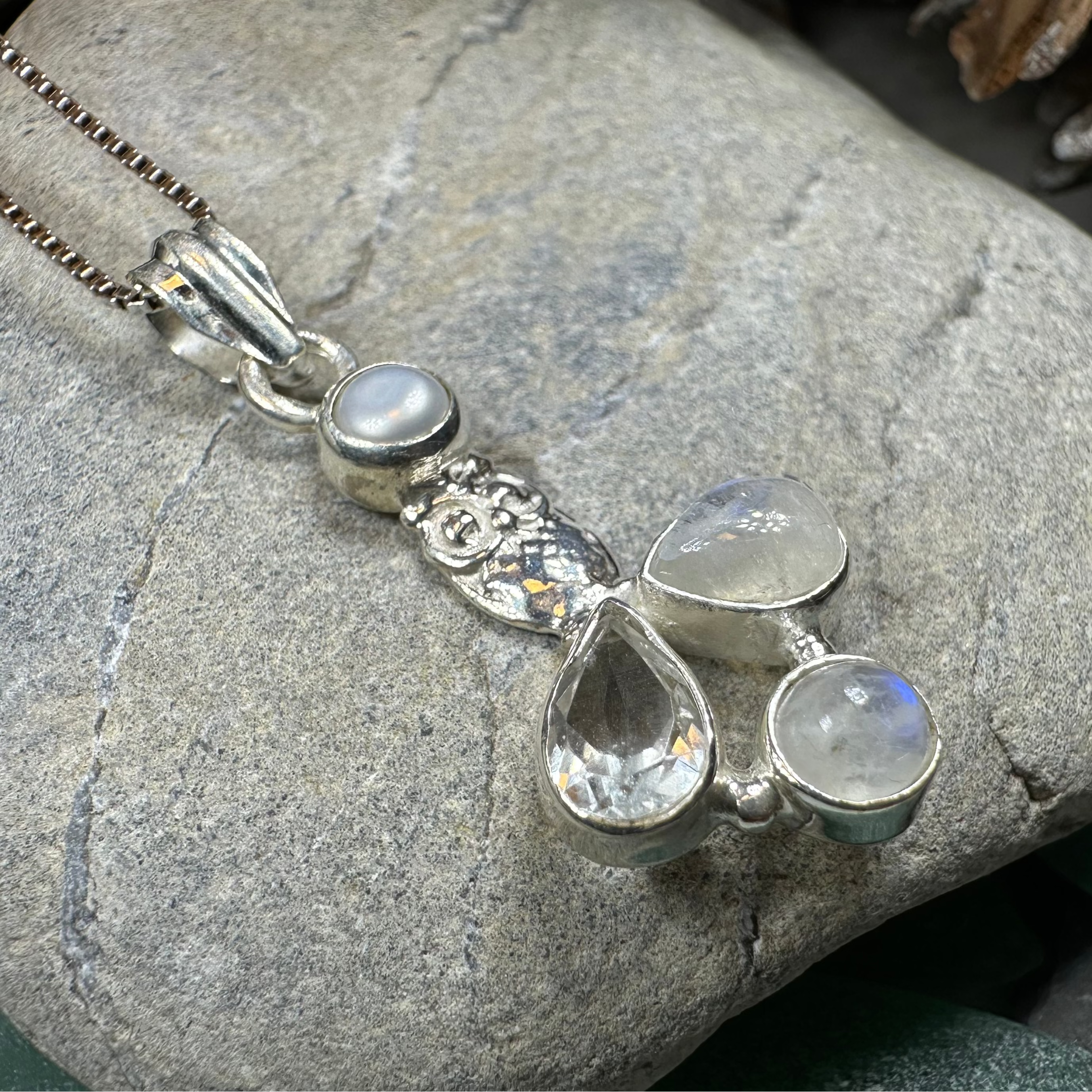 Celtic Crystal Design Jewelry Misty Morning Moonstone Owl Pendant with topaz accents, showcasing intricate craftsmanship and mystical charm.