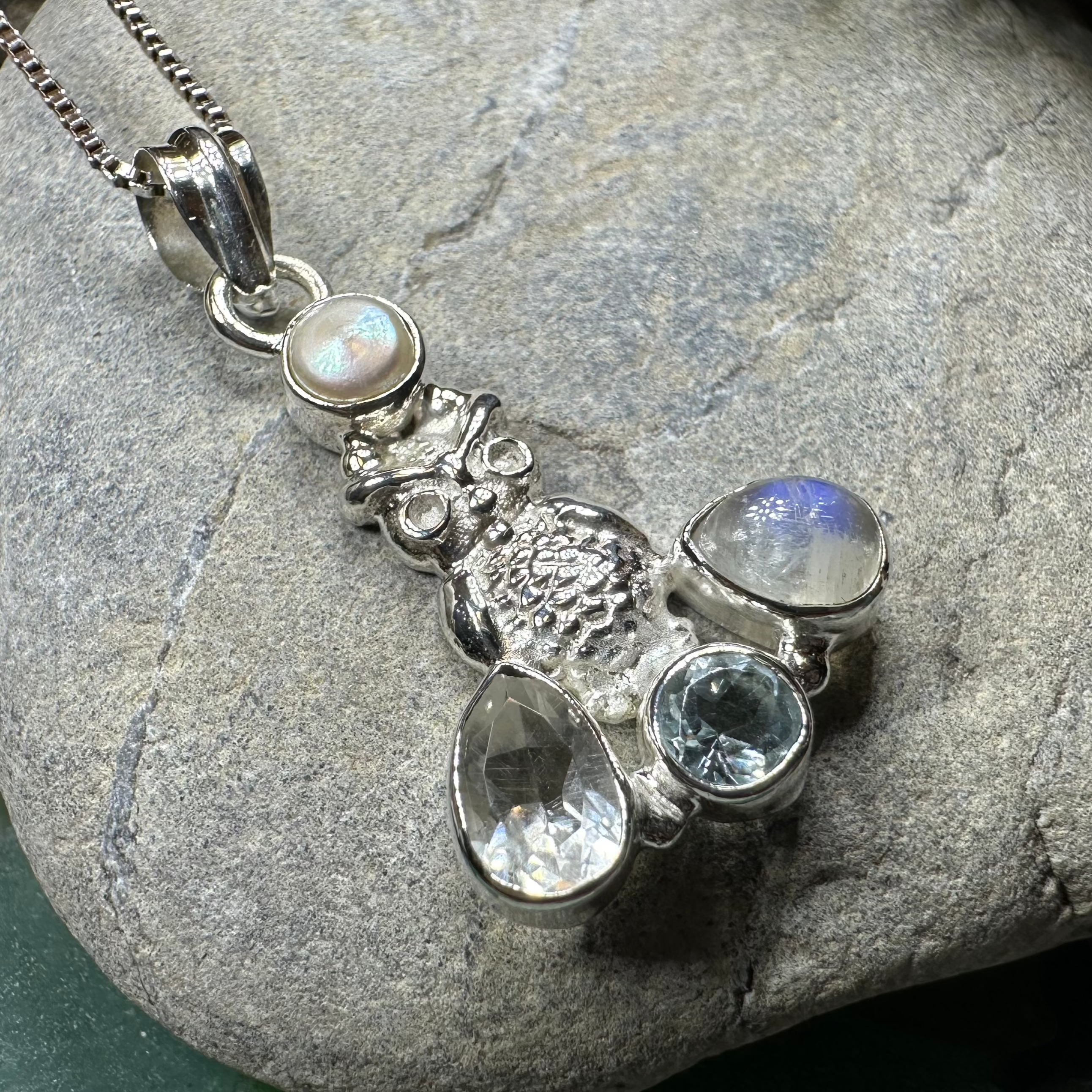Celtic Crystal Design Jewelry Misty Morning Moonstone Owl Pendant with topaz accents, intricate craftsmanship, and detailed owl design.