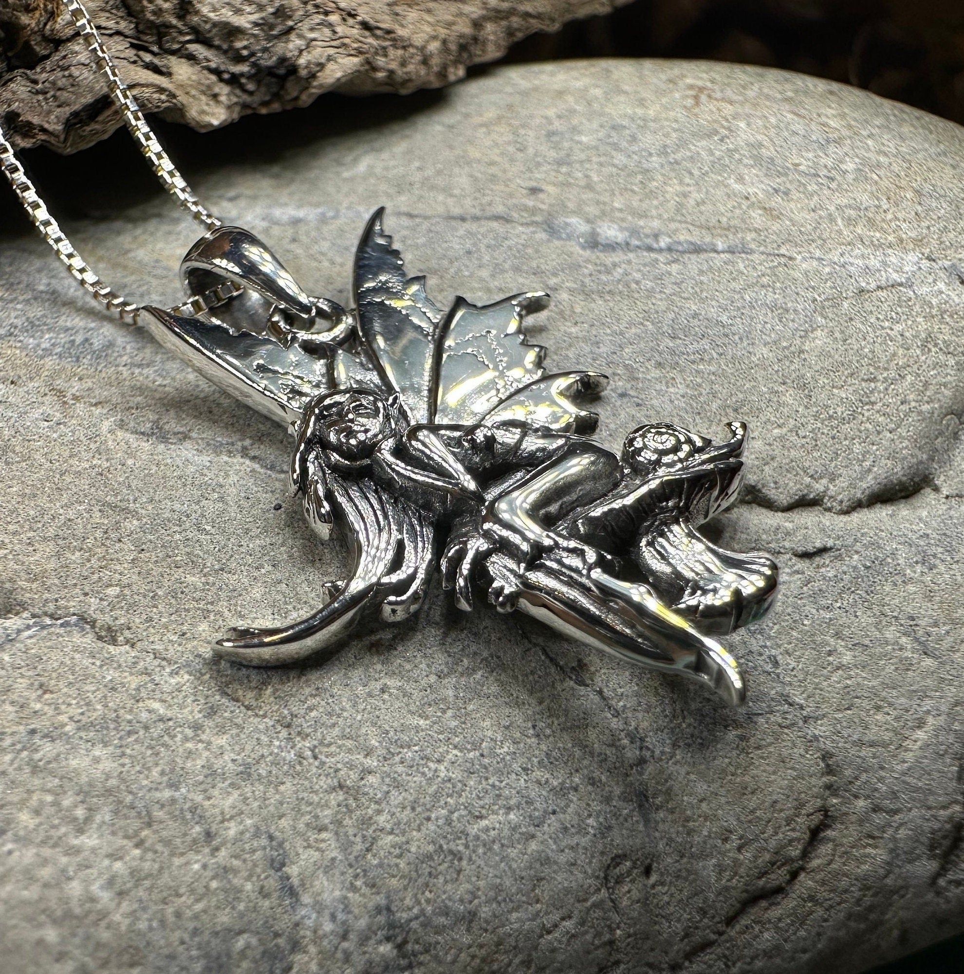 Celtic Crystal Design Jewelry Toadstool Fairy Necklace pendant featuring a whimsical fairy and mushroom design.