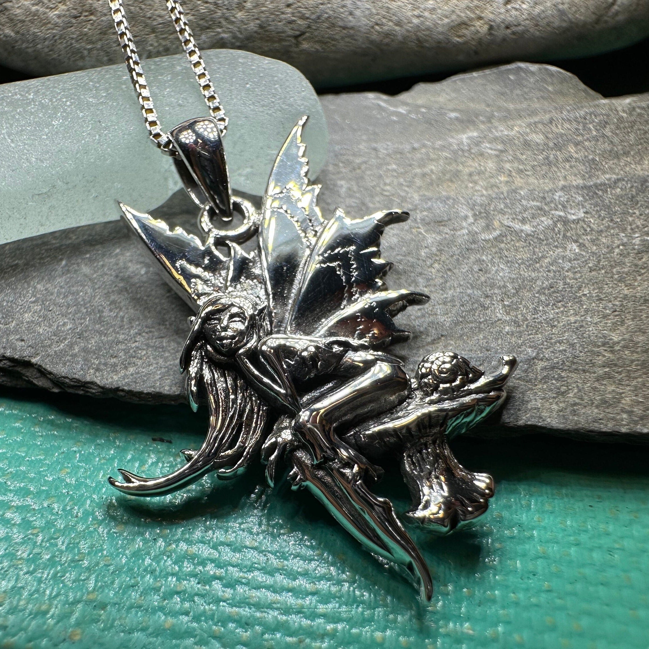 Celtic Crystal Design Fairy Necklace with Toadstool pendant, featuring intricate detailing and enchanting woodland theme.