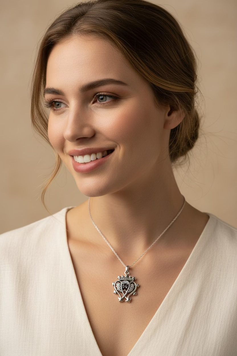 Celtic Crystal Design Jewelry Amethyst Luckenbooth pendant necklace with intricate Celtic knotwork and a polished purple amethyst gemstone.