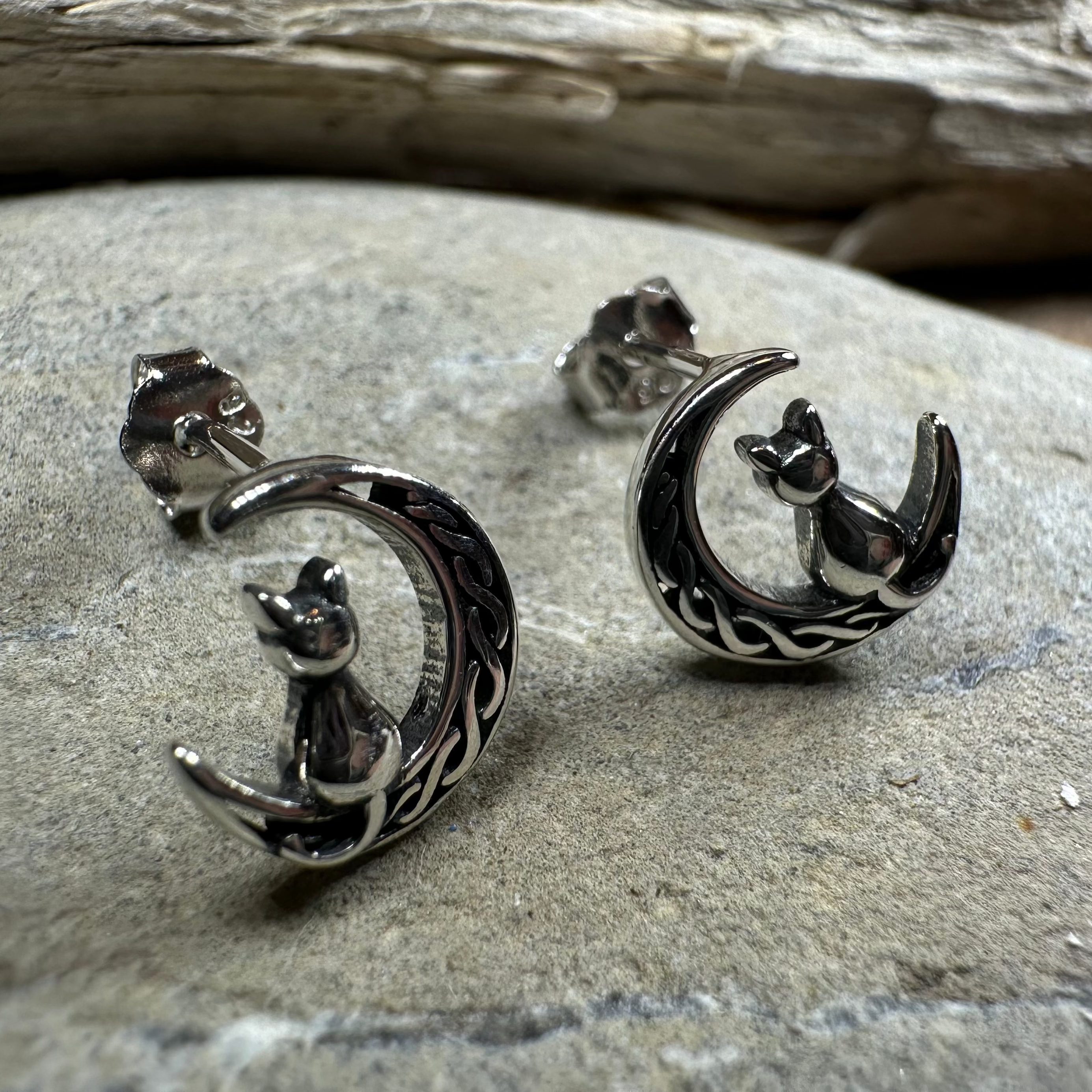 Celtic Cat and Crescent Moon stud earrings by Celtic Crystal Design Jewelry, featuring detailed metalwork and celestial motifs.