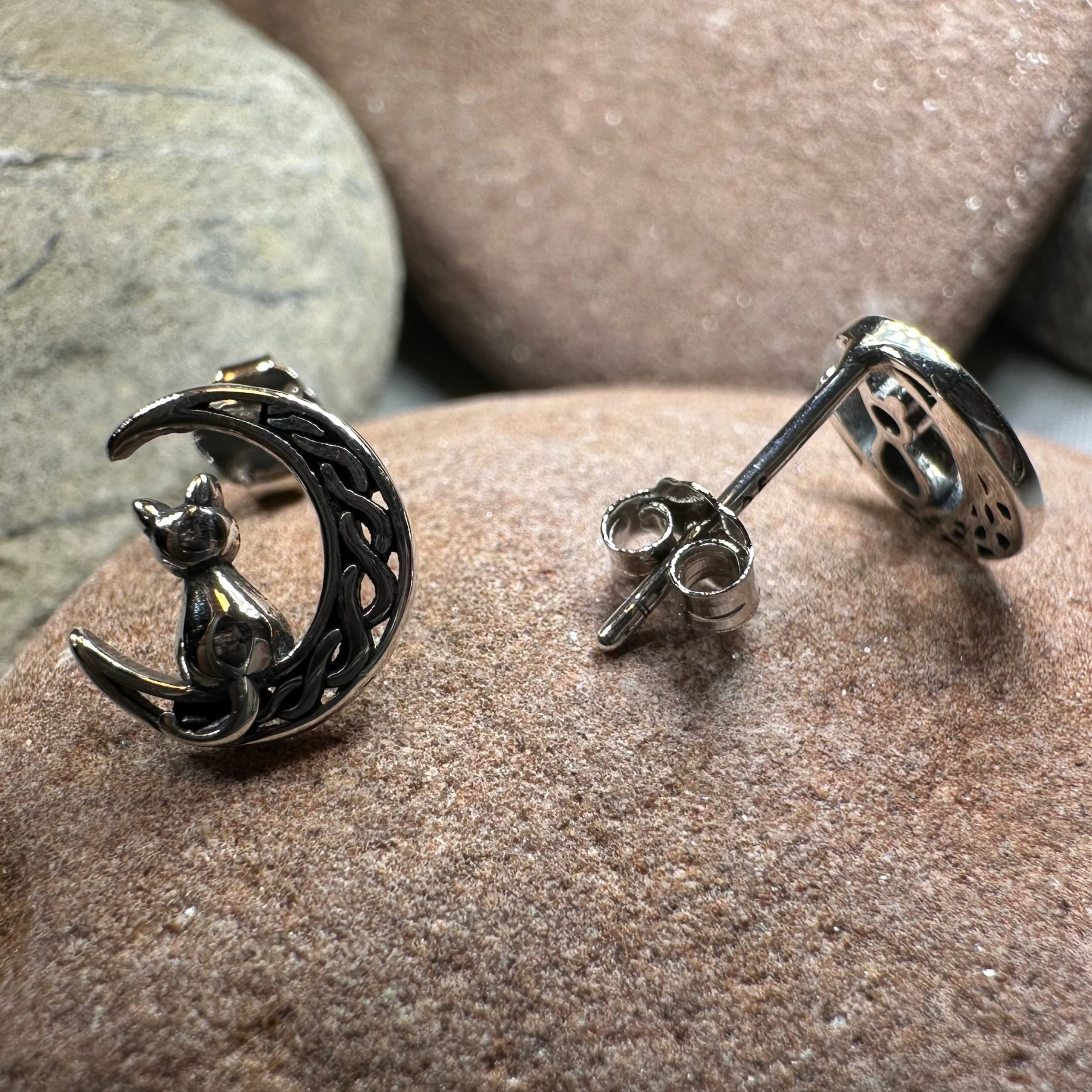 Celtic Cat and Crescent Moon stud earrings by Celtic Crystal Design Jewelry, silver-tone post earrings with intricate Celtic motifs.