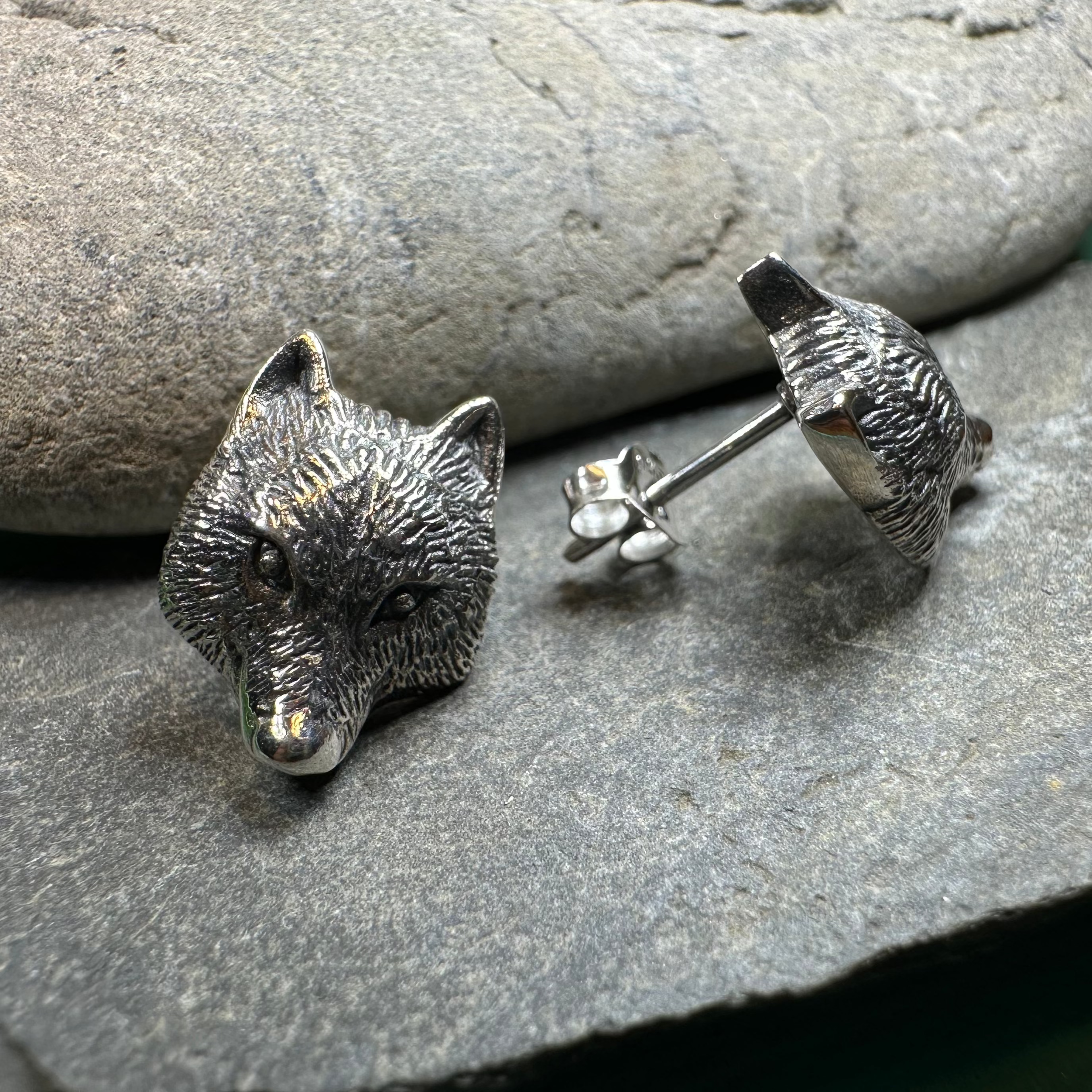 Celtic Crystal Design Jewelry Forest Song Wolf Post Earrings featuring detailed wolf design in silver tone on a white background.