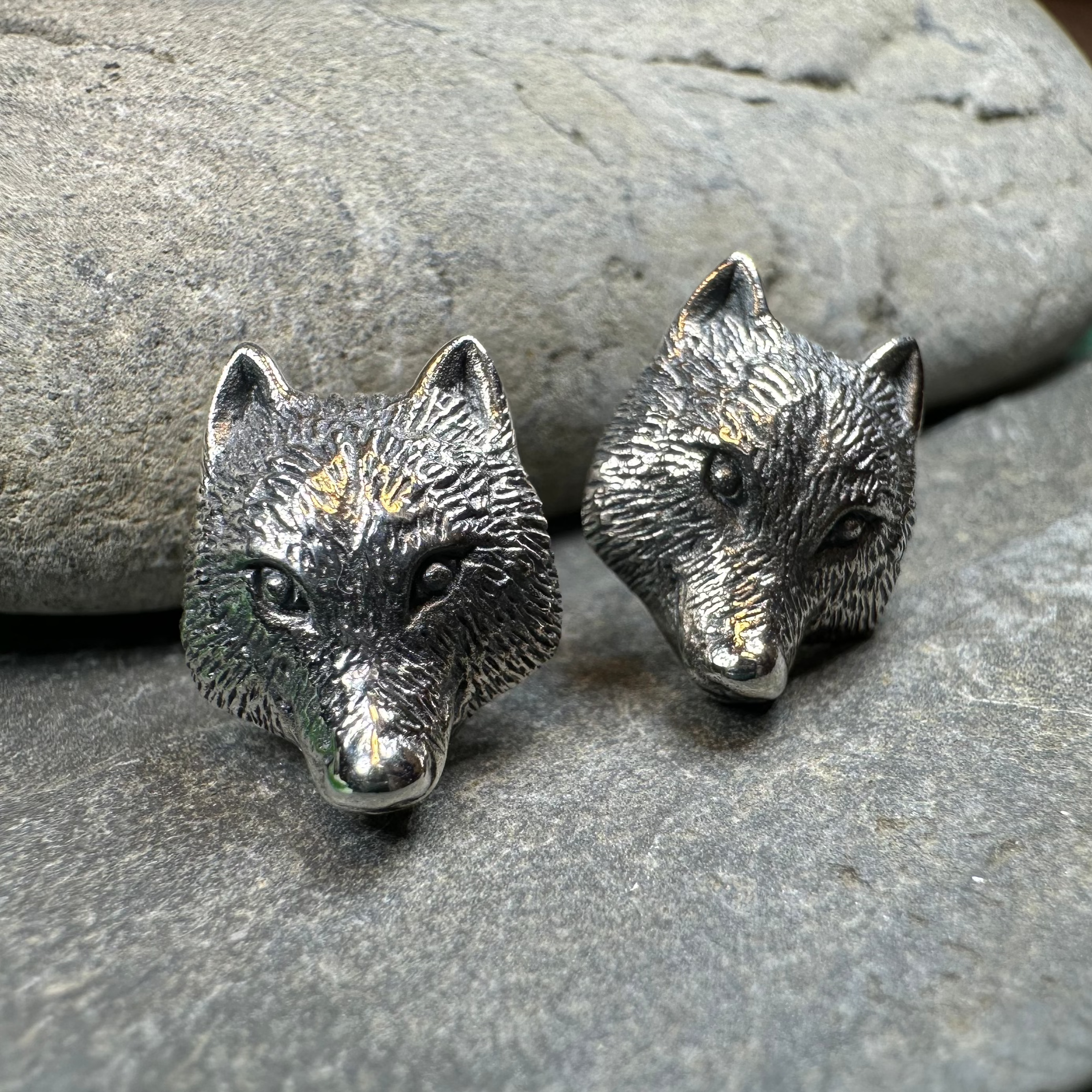 Forest Song Wolf Post Earrings by Celtic Crystal Design Jewelry, silver-tone wolf-themed post earrings with intricate detailing.