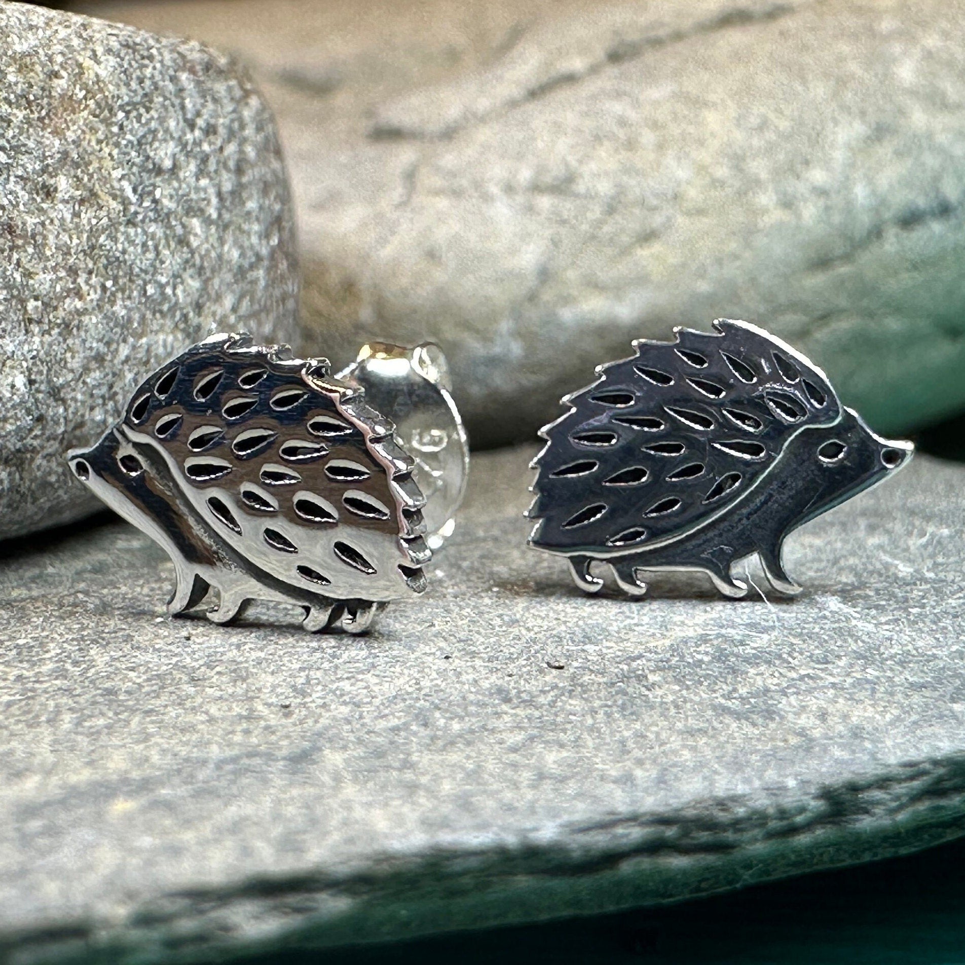 Celtic Crystal Design Jewelry hedgehog post earrings featuring detailed silver hedgehog motifs for stylish animal-themed jewelry.