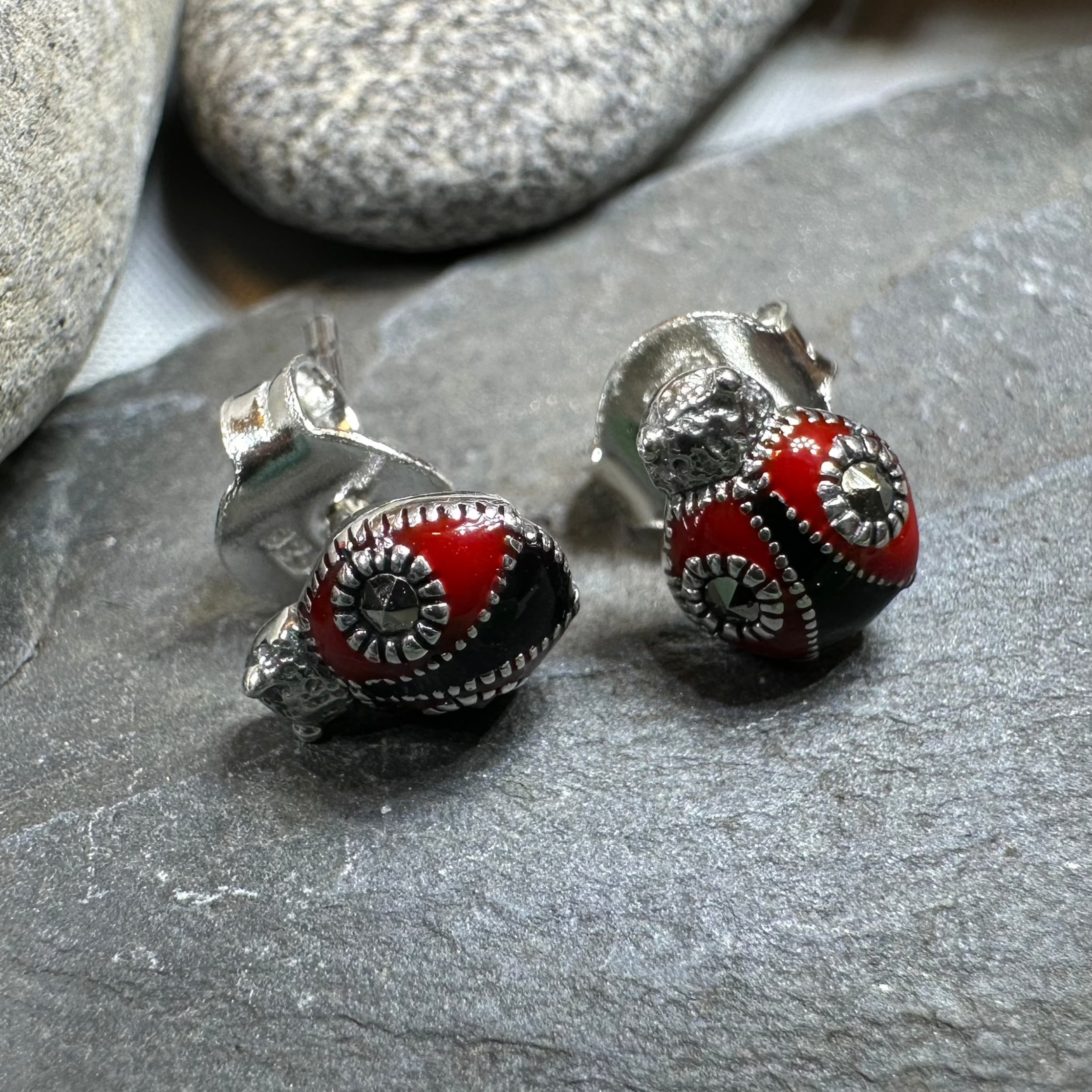 Celtic Crystal Design Jewelry lucky ladybug post earrings featuring detailed red and black ladybug charms on silver-toned posts