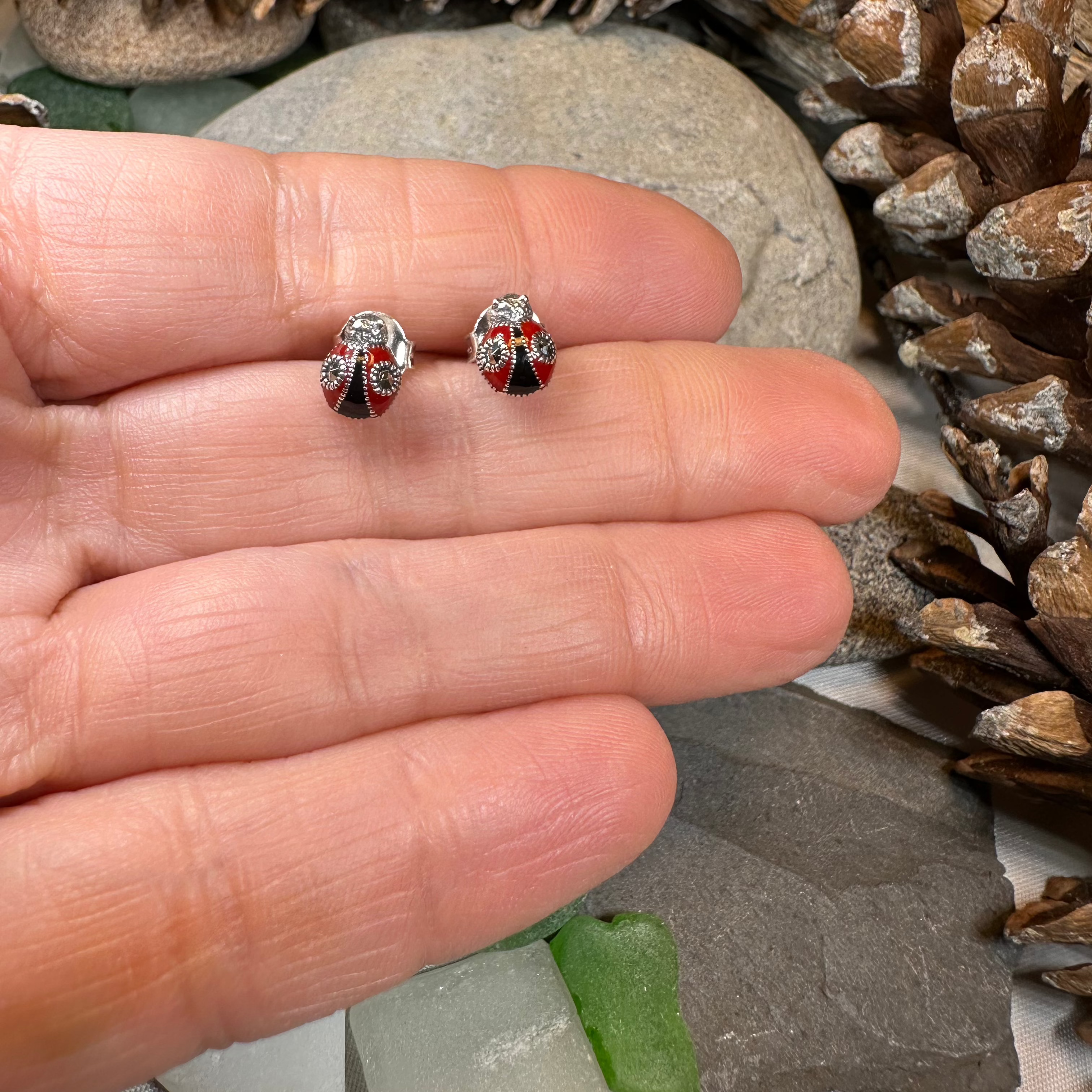 Celtic Crystal Design Jewelry Lucky Ladybug Post Earrings featuring detailed ladybug charms in a natural setting
