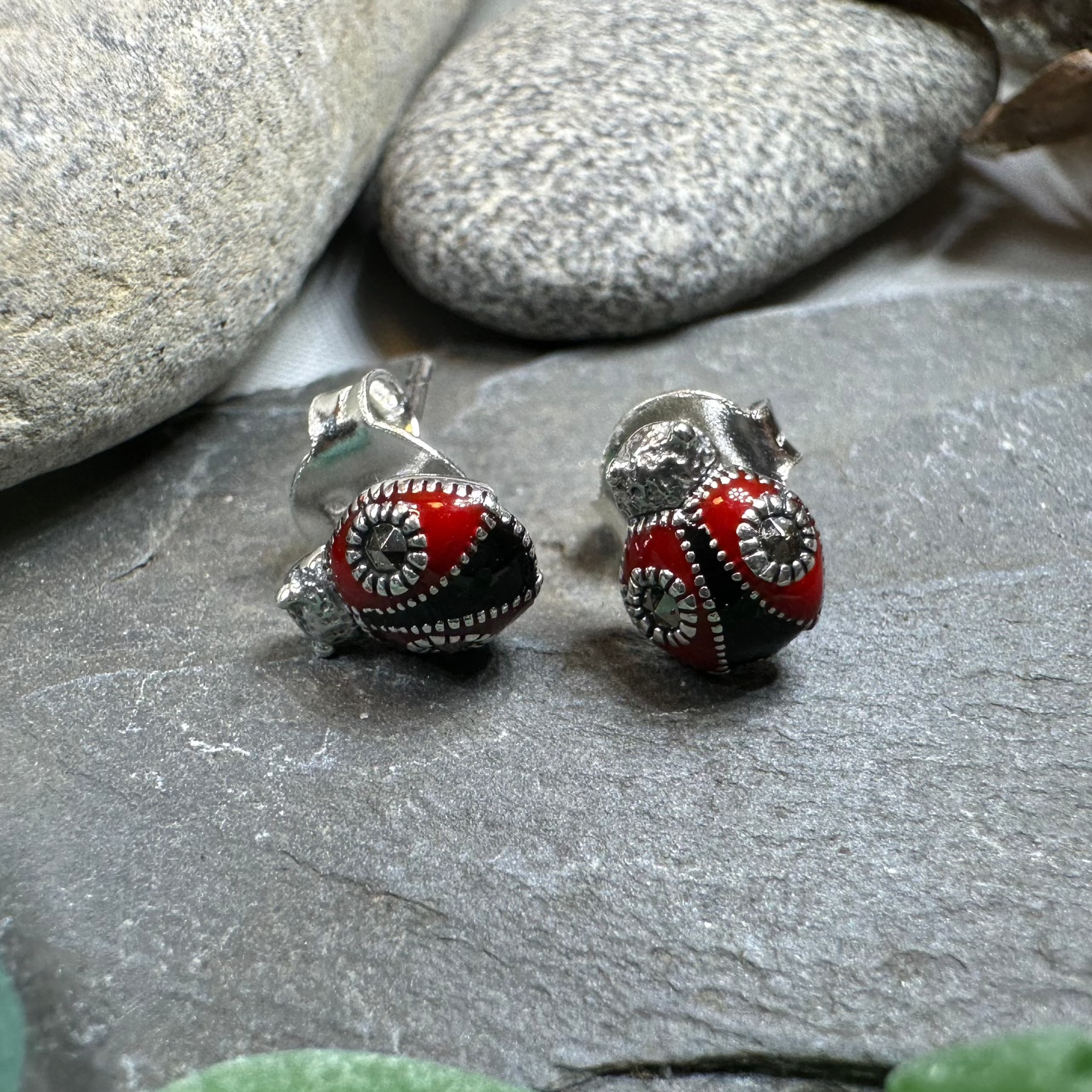 Celtic Crystal Design Jewelry Lucky Ladybug Post Earrings featuring detailed ladybug charms on silver-tone posts.