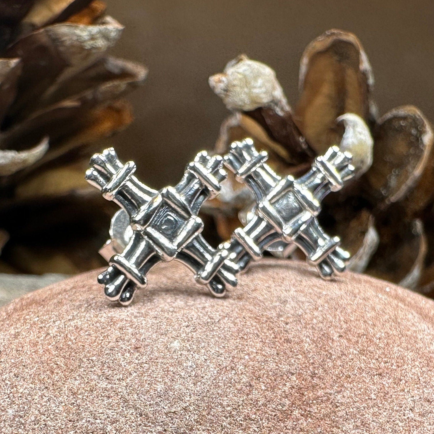 Springtide Saint Brigid's Cross earrings by Celtic Crystal Design Jewelry, gold-tone post earrings featuring intricate cross designs.