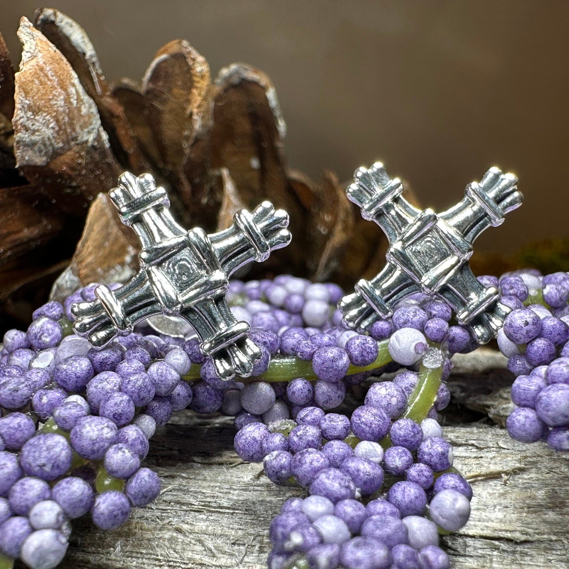 Springtide Saint Brigid's Cross Celtic crystal post earrings by Celtic Crystal Design Jewelry, featuring intricate cross designs.