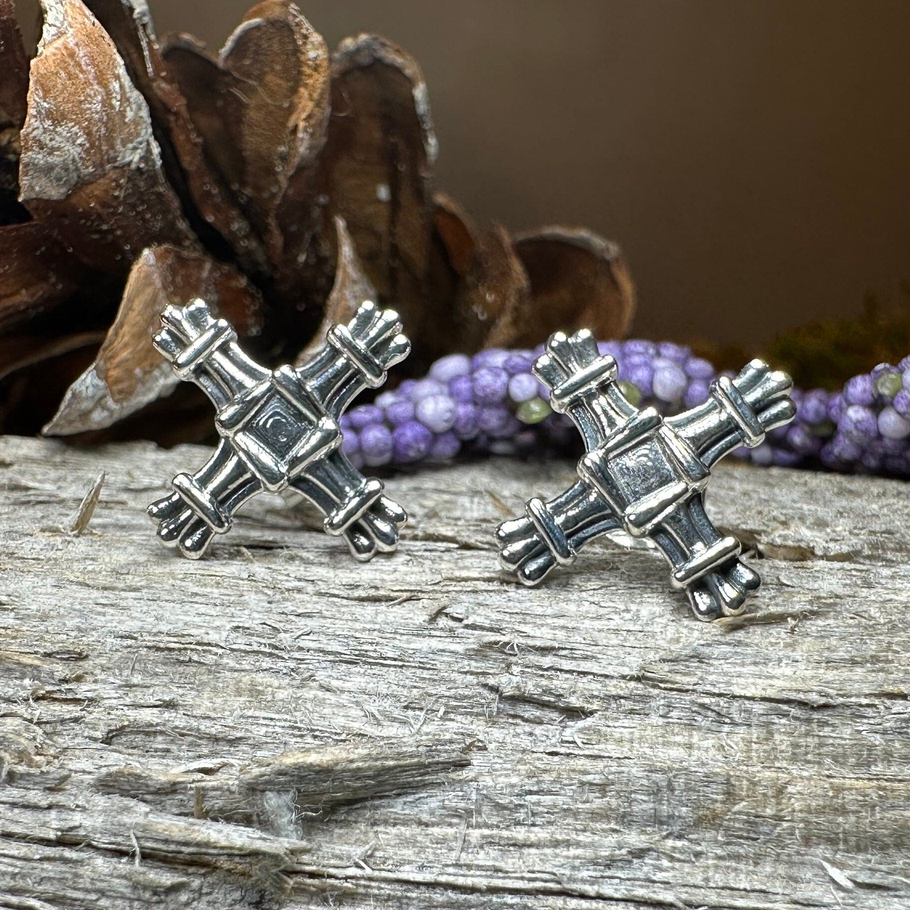 Springtide Saint Brigid's Cross Celtic crystal post earrings by Celtic Crystal Design Jewelry, featuring intricate cross designs.