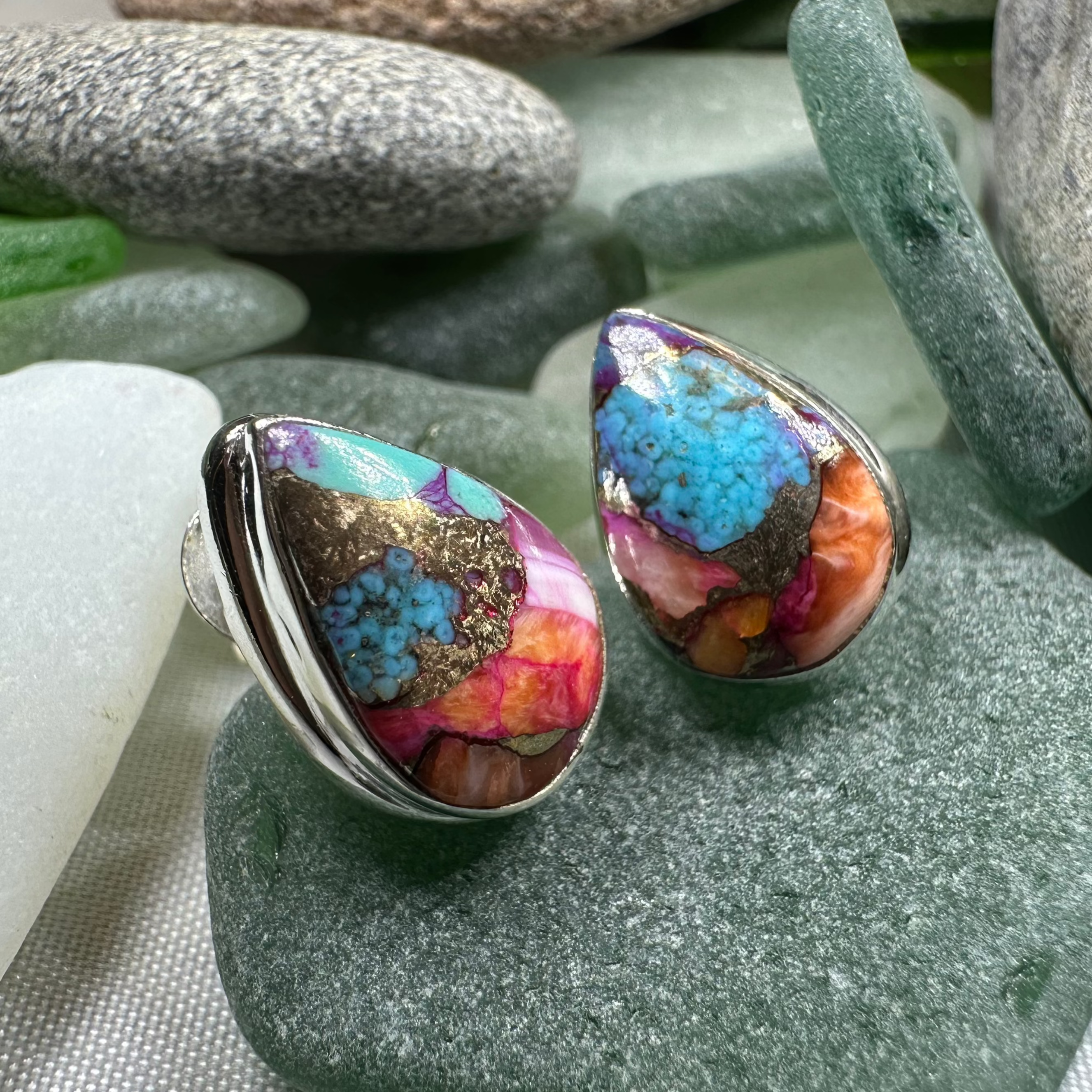 Classic copper turquoise post earrings featuring teardrop-shaped turquoise stones and Celtic-inspired design by Celtic Crystal Jewelry.