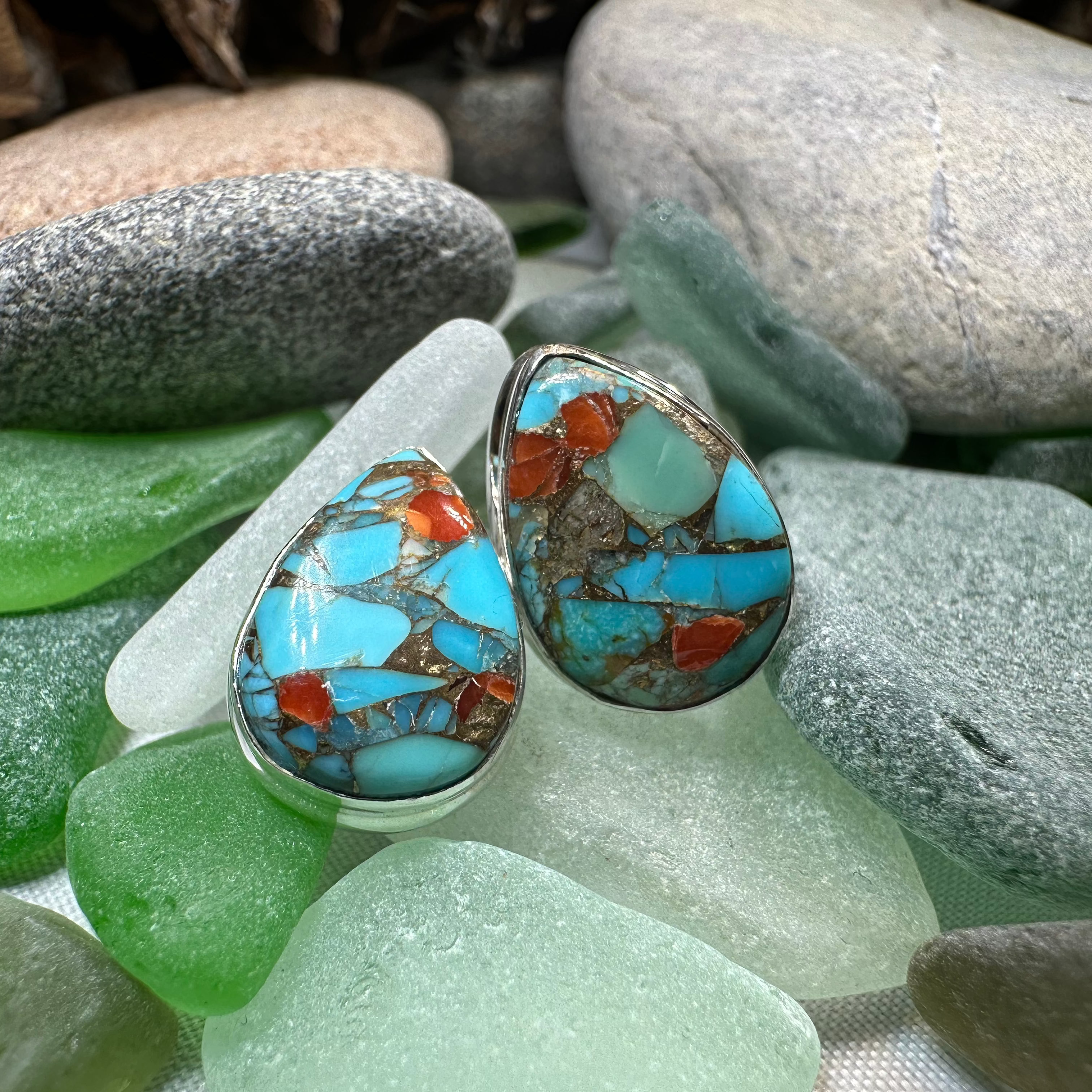Celtic Crystal Design Jewelry classic copper turquoise post earrings with teardrop-shaped pink and turquoise stones.