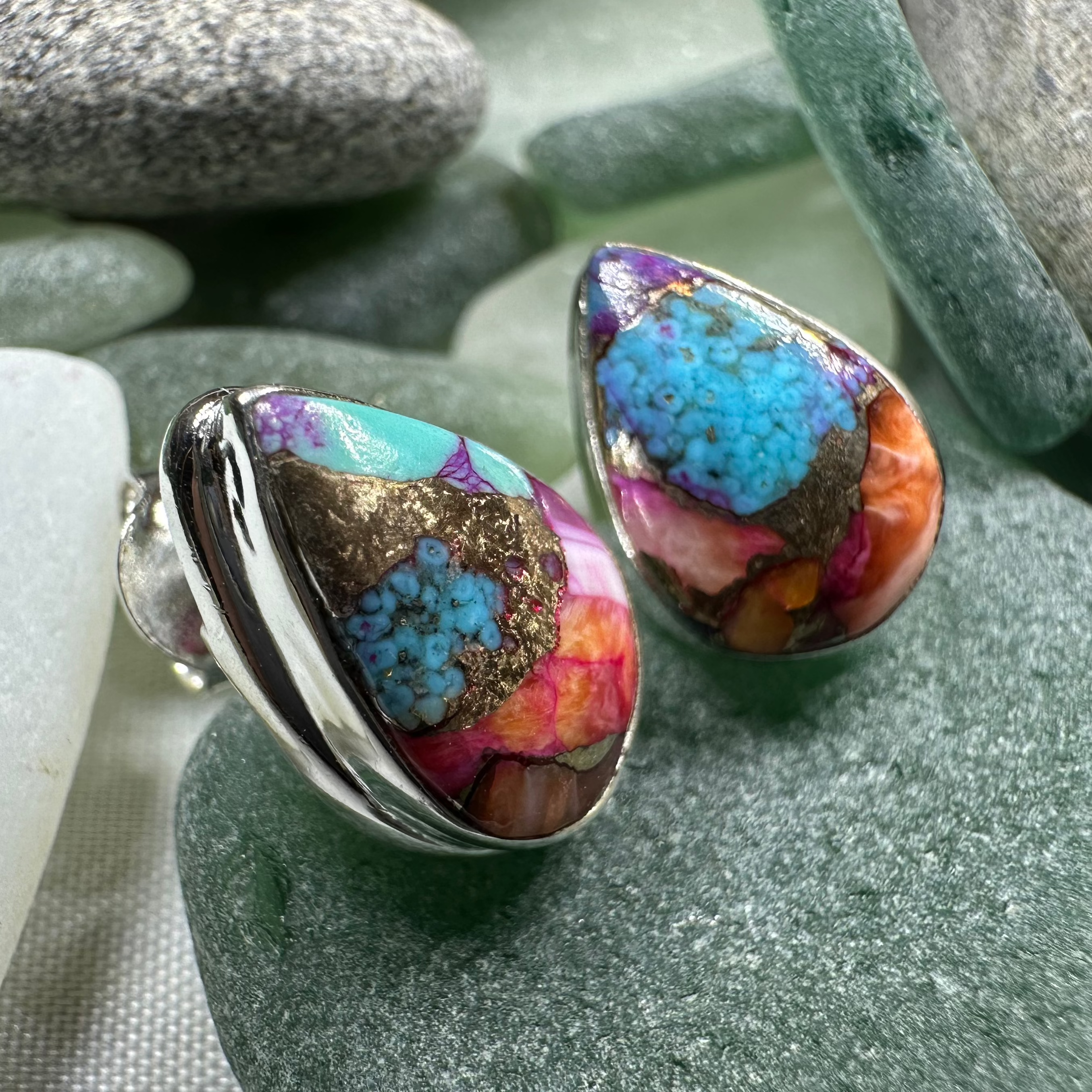 Celtic Crystal Design Jewelry classic copper turquoise teardrop post earrings with pink accents, handcrafted jewelry for women.