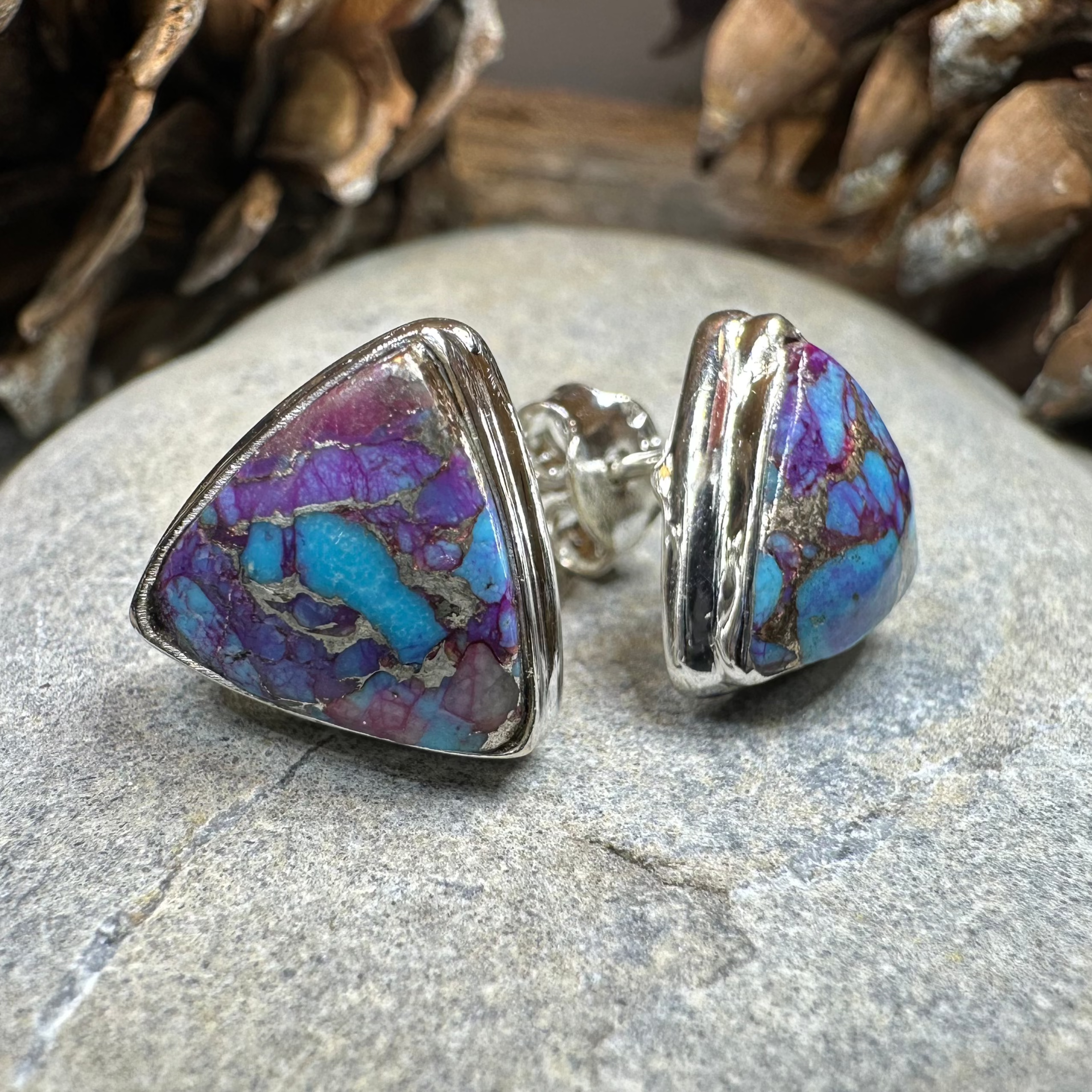 Celtic Crystal Design Jewelry classic copper turquoise post earrings with teardrop pink accents, showcasing intricate Celtic patterns.