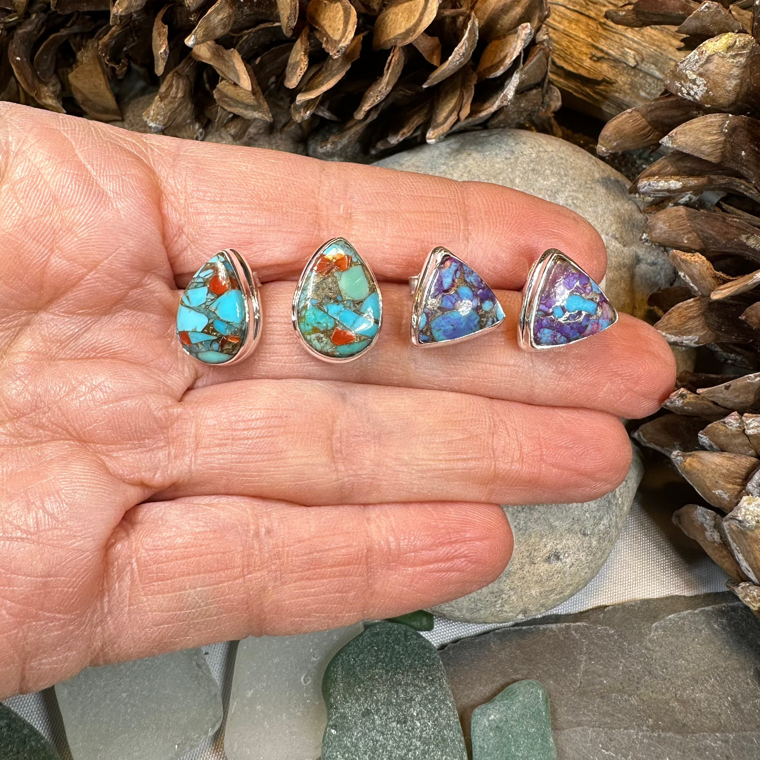 Celtic Crystal Design Jewelry classic copper turquoise teardrop post earrings with intricate patterns and vibrant colors.