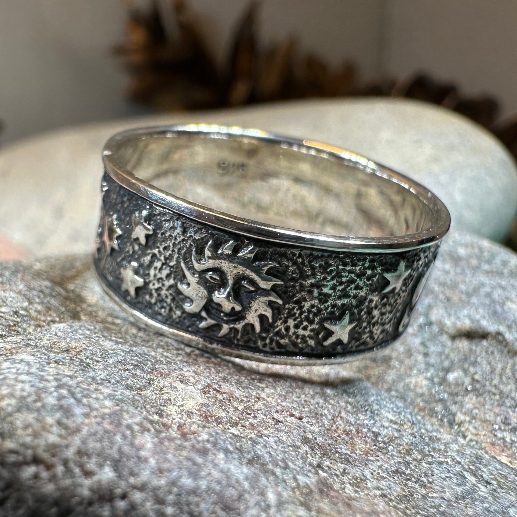Celtic Crystal Design Jewelry Cosmos Crescent Moon Ring featuring a detailed crescent moon design on a silver band.