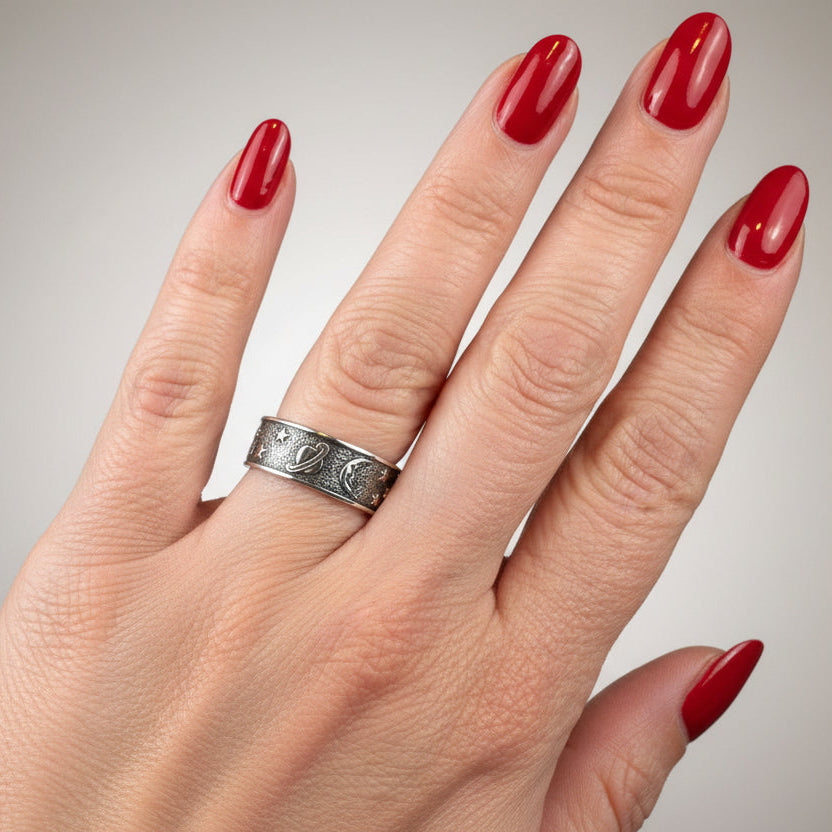 Celtic Crystal Design Jewelry Cosmos Crescent Moon Ring showing a detailed silver ring with a crescent moon motif.