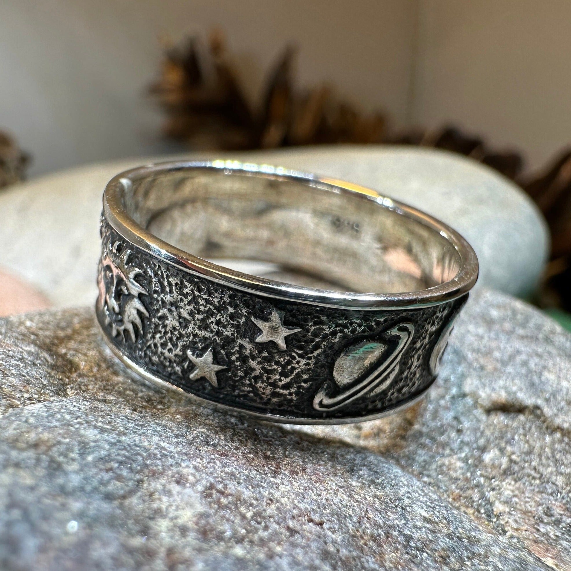 Celtic Crystal Design Jewelry Cosmos Crescent Moon Ring featuring a detailed crescent moon design in silver-tone metal.