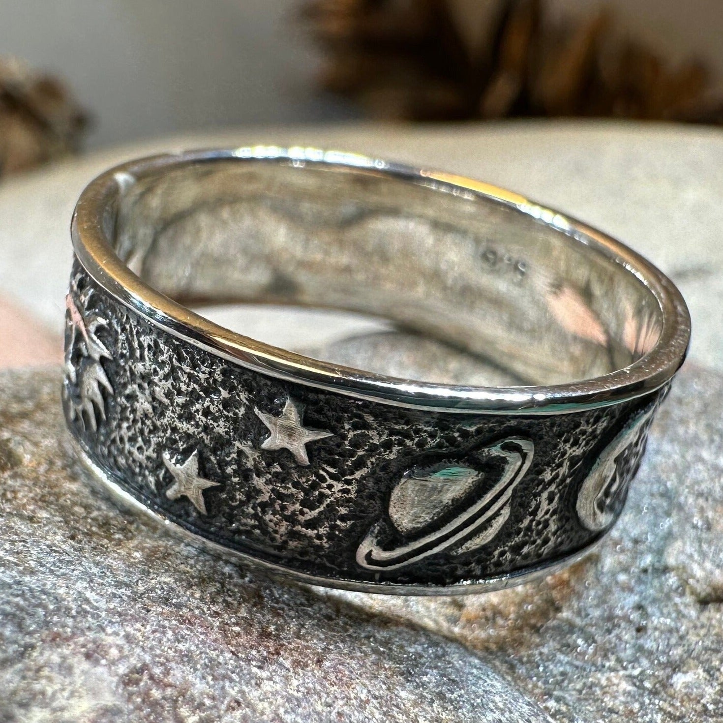 Celtic Crystal Design Jewelry Cosmos Crescent Moon Ring featuring a detailed crescent moon design on a silver-toned ring.