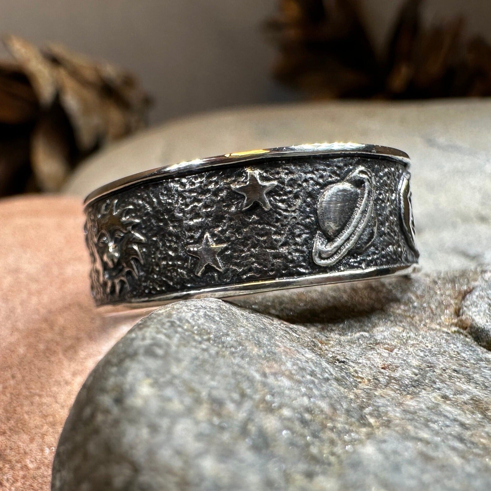 Celtic Crystal Design Jewelry Cosmos Crescent Moon Ring featuring a detailed crescent moon design on a silver ring.