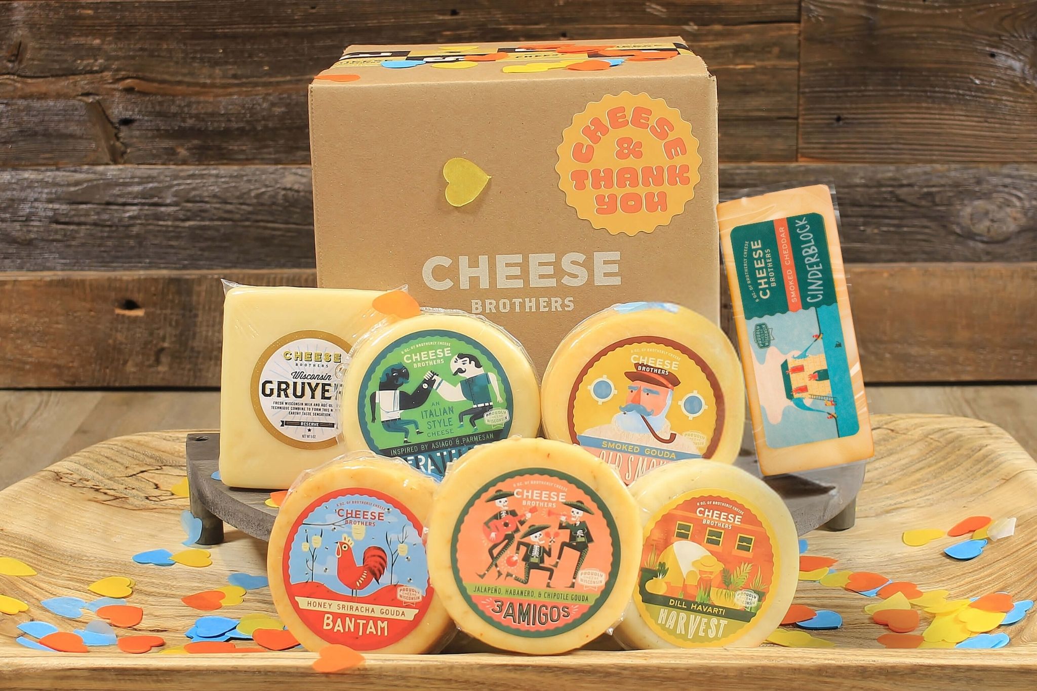Cheese and Thank You gift box from Cheese Brothers, Inc. featuring assorted cheeses and a thank you note in a gift bundle.