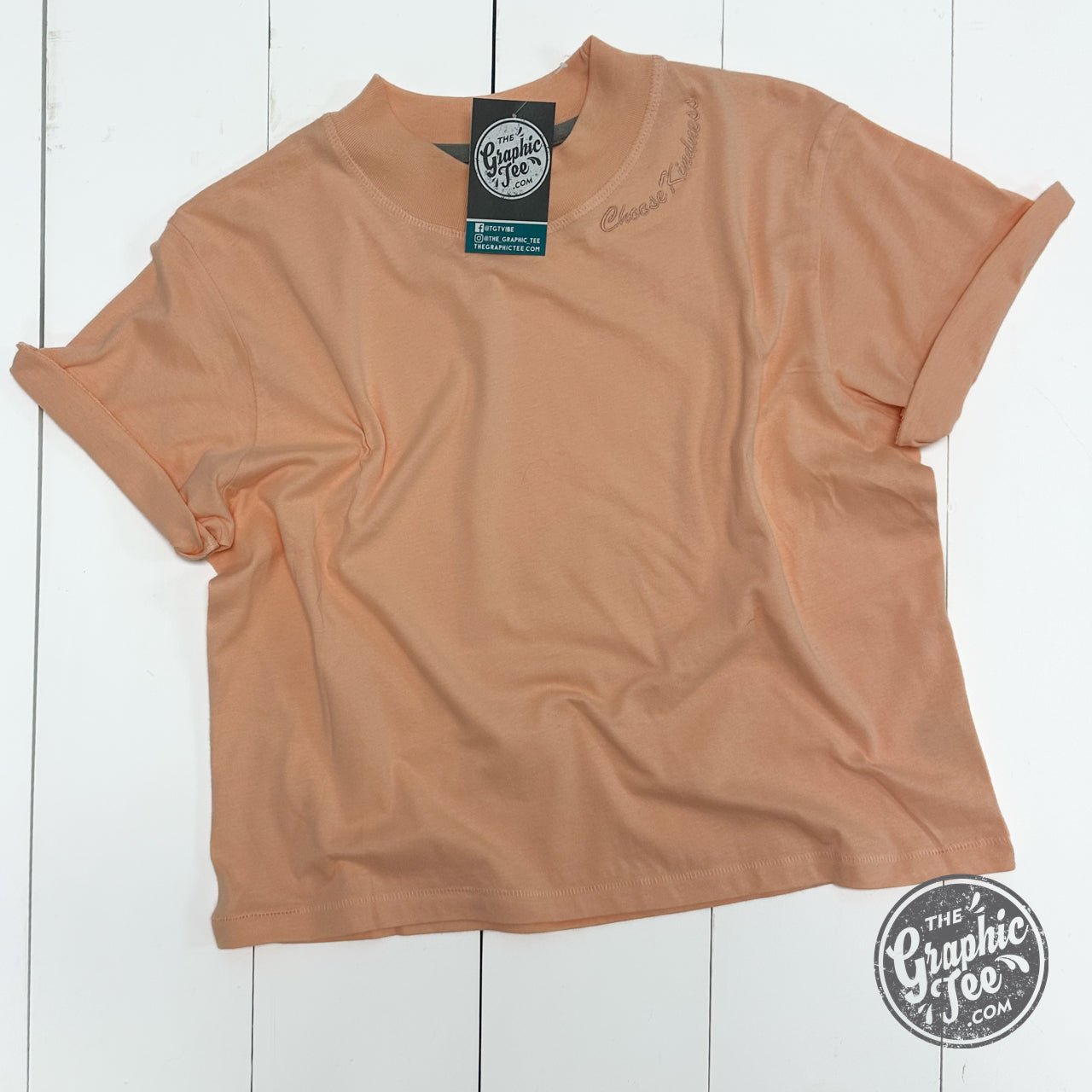 Gray Choose Kindness waist-length crop T-shirt by The Graphic Tee, featuring a graphic design and casual fit.