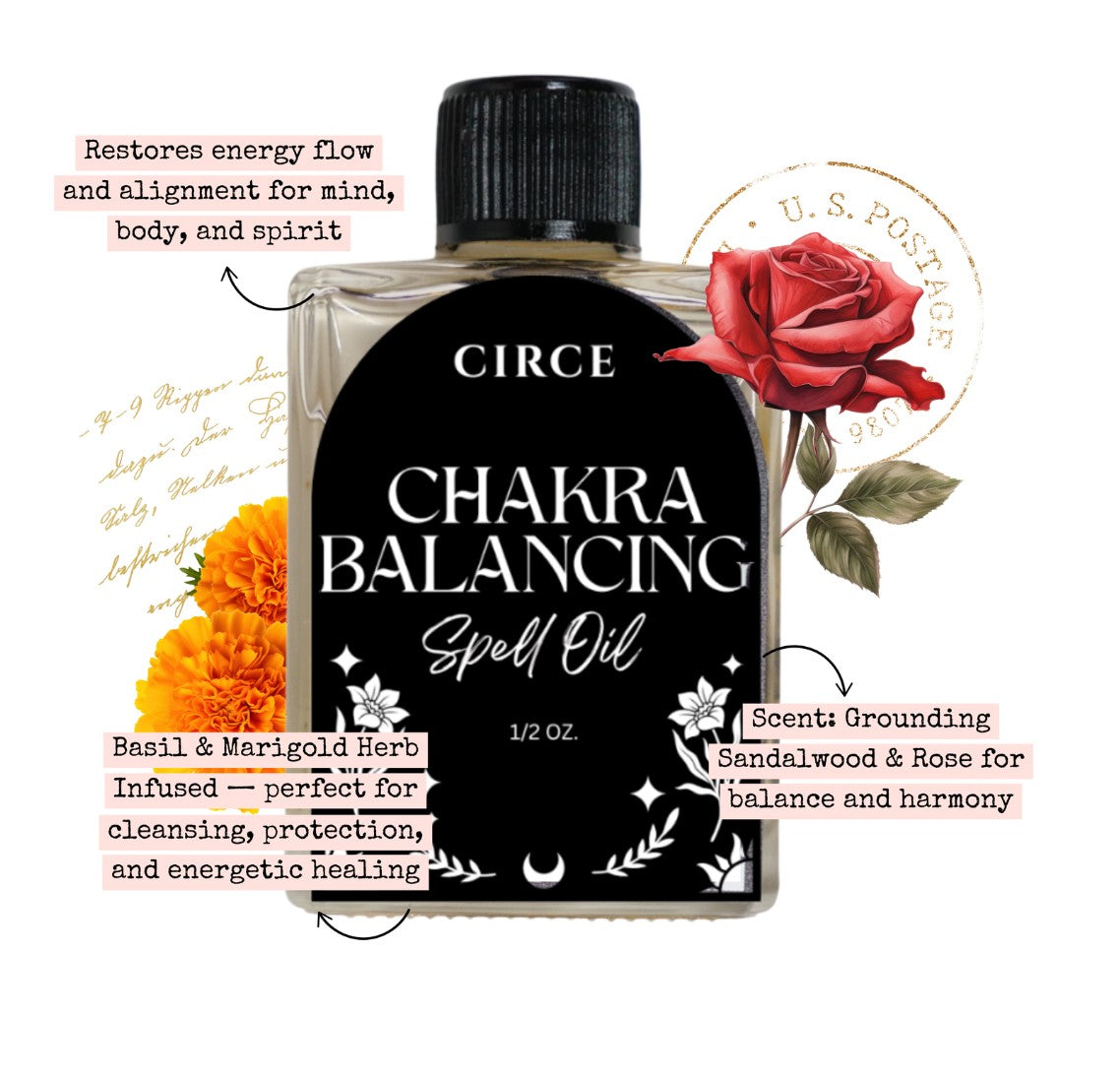 Bottle of Circe Boutique Chakra Balancing Oil for energy alignment, with natural ingredients and calming design.