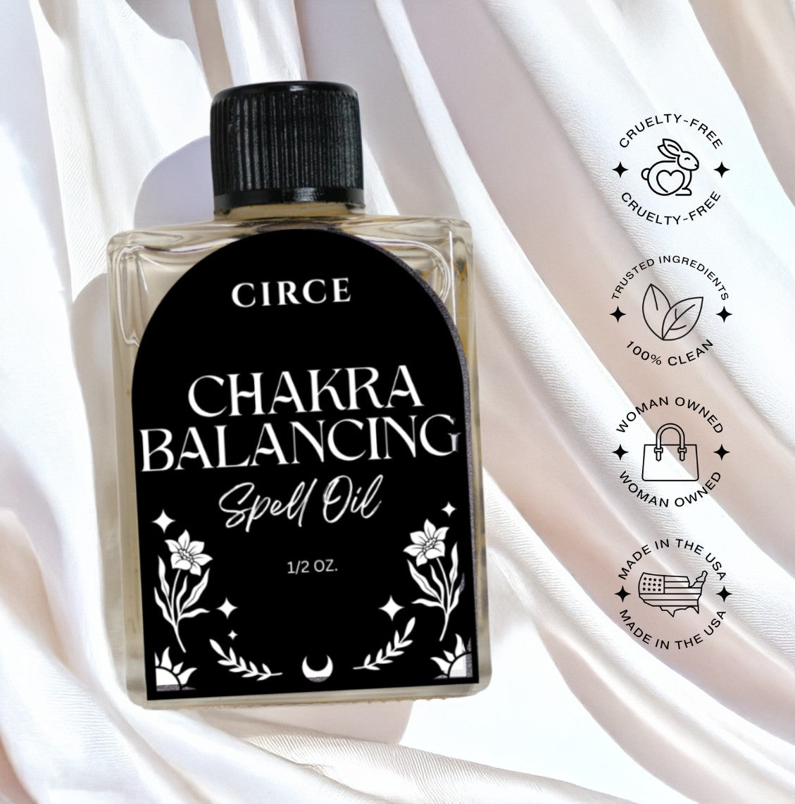 Bottle of Circe Boutique Chakra Balancing Oil for energy alignment, with natural ingredients and soothing appearance.