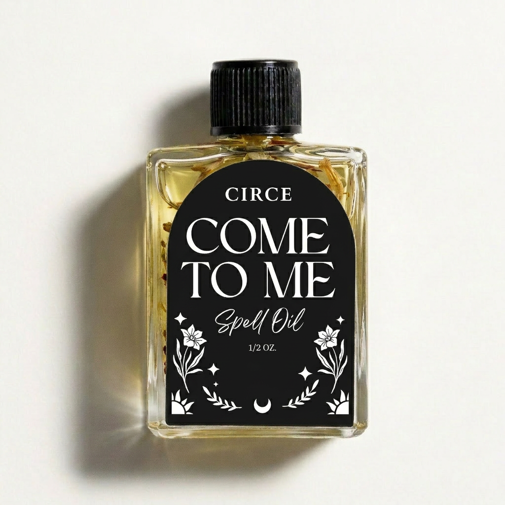 Come To Me Attraction Oil by Circe Boutique, magnetic love ritual oil in a small glass bottle with a black cap.