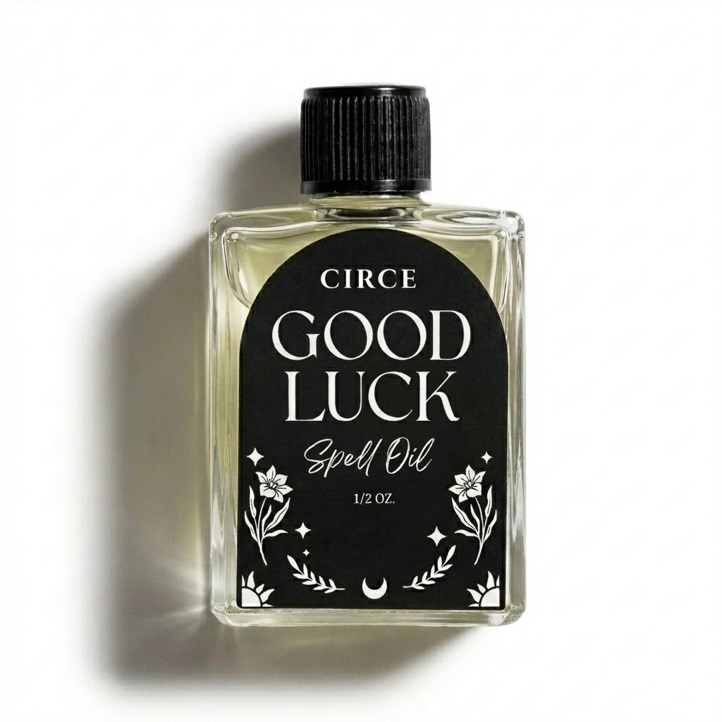 Bottle of Circe Boutique Good Luck Ritual Oil for attracting fortune and opportunity, with a dark glass container and a dropper cap.