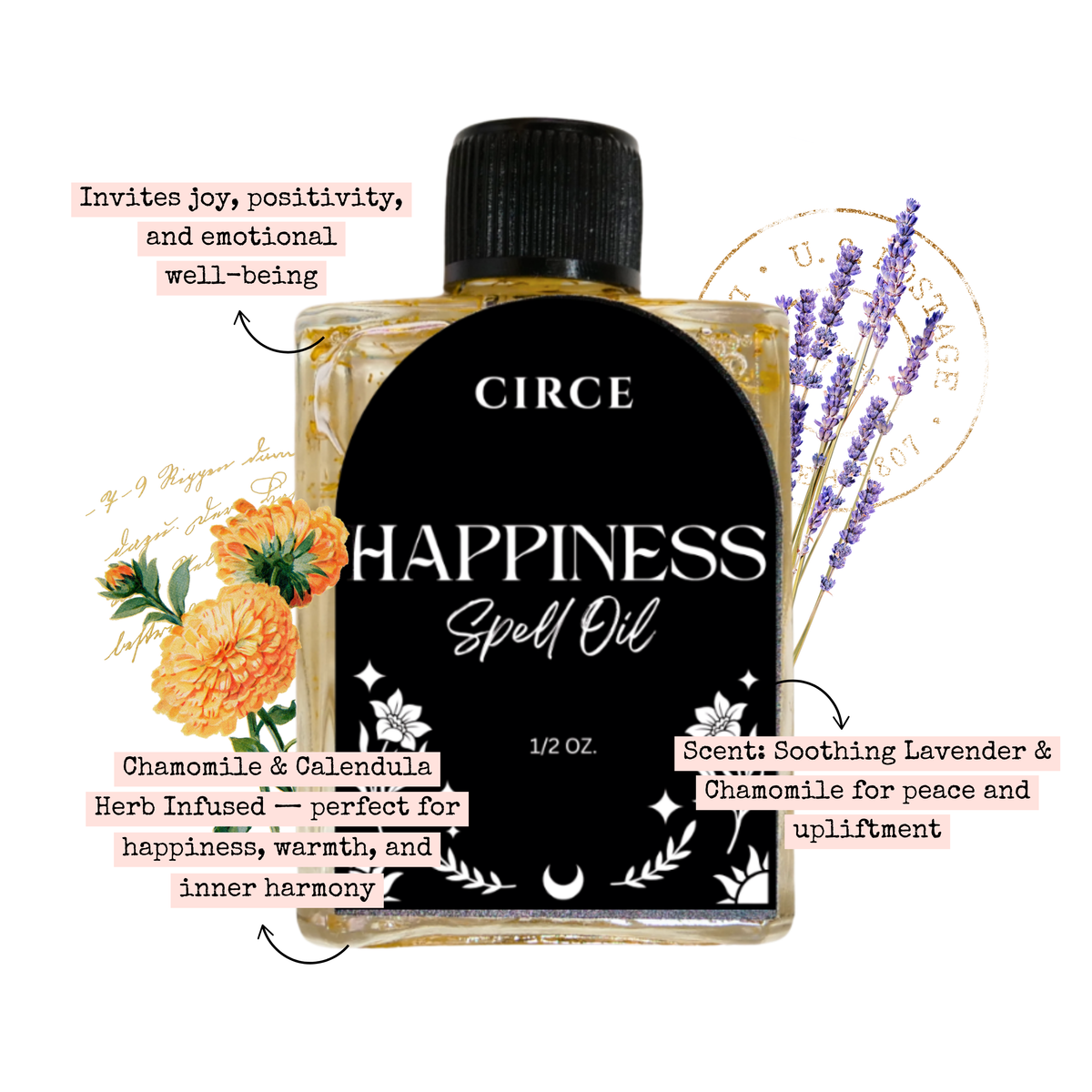 Bottle of Circe Boutique Happiness Ritual Oil with joyful, colorful packaging and floral accents, designed for positive energy and joy.