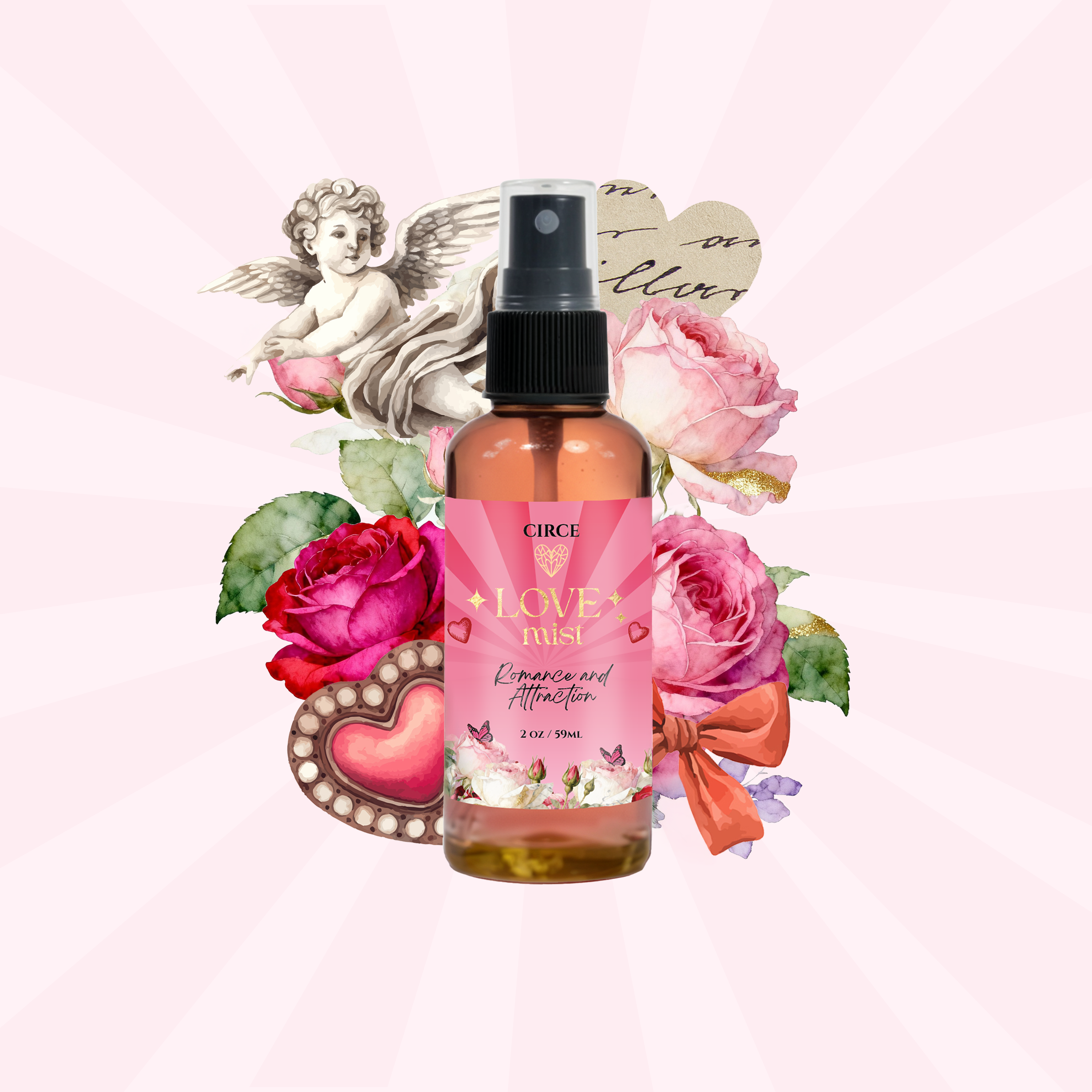 Collage of Circe Boutique Love Attraction Mist with rose and jasmine, 2 oz spray bottle and floral background for heart energy.