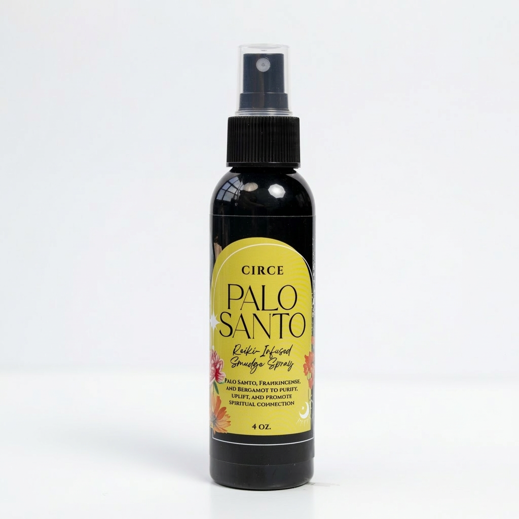 Circe Boutique Palo Santo cleansing spray bottle, spiritual energy clearing mist with natural Palo Santo scent and spray nozzle.