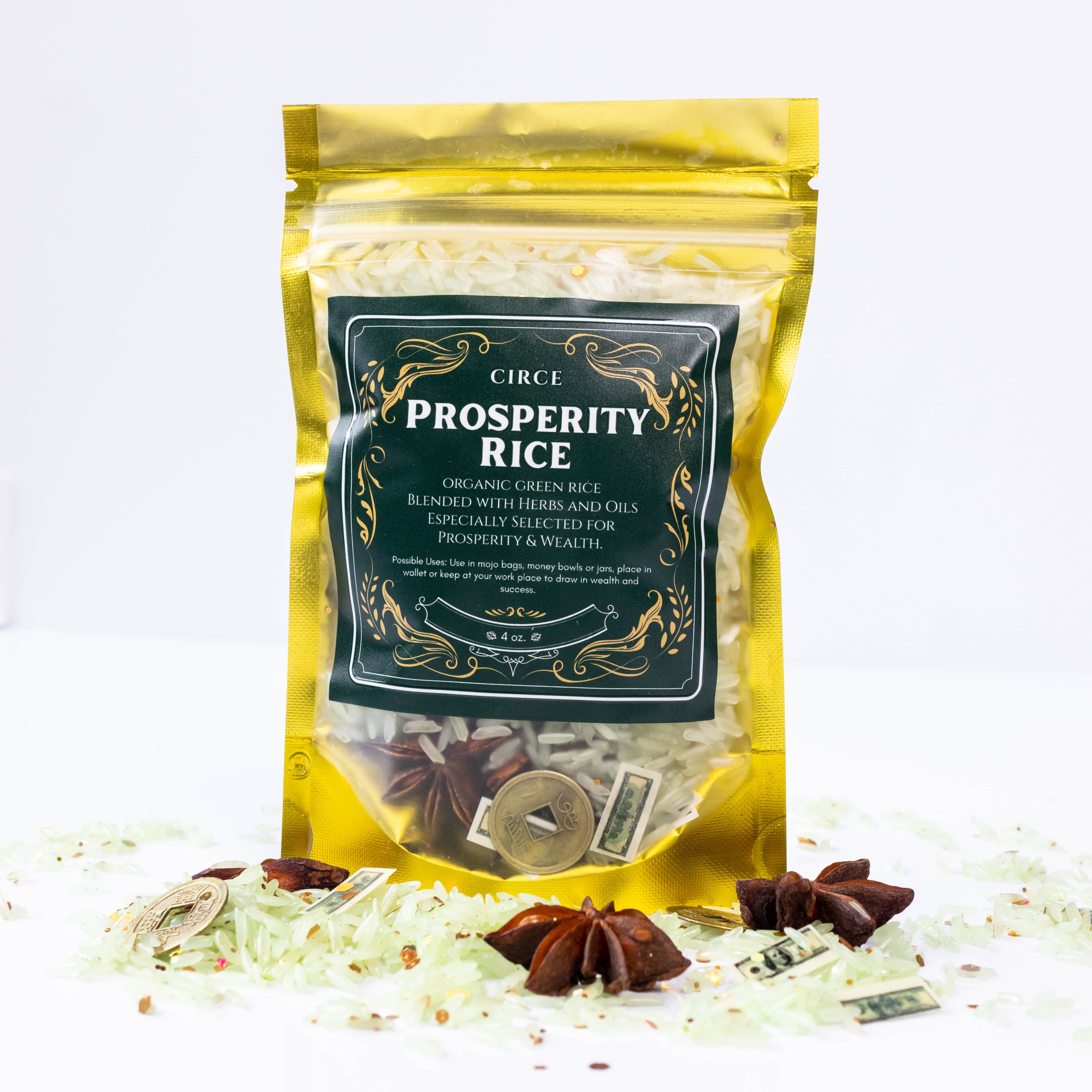 Circe Boutique Prosperity Rice 4 oz Money Altar and Mojo Bag herb in a clear bag with label and decorative accents.