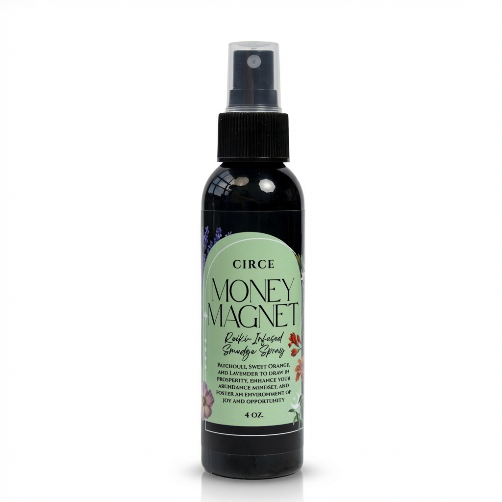 Prosperity Smudge Spray by Circe Boutique, a money magnet ritual mist in a clear glass spray bottle with decorative label.