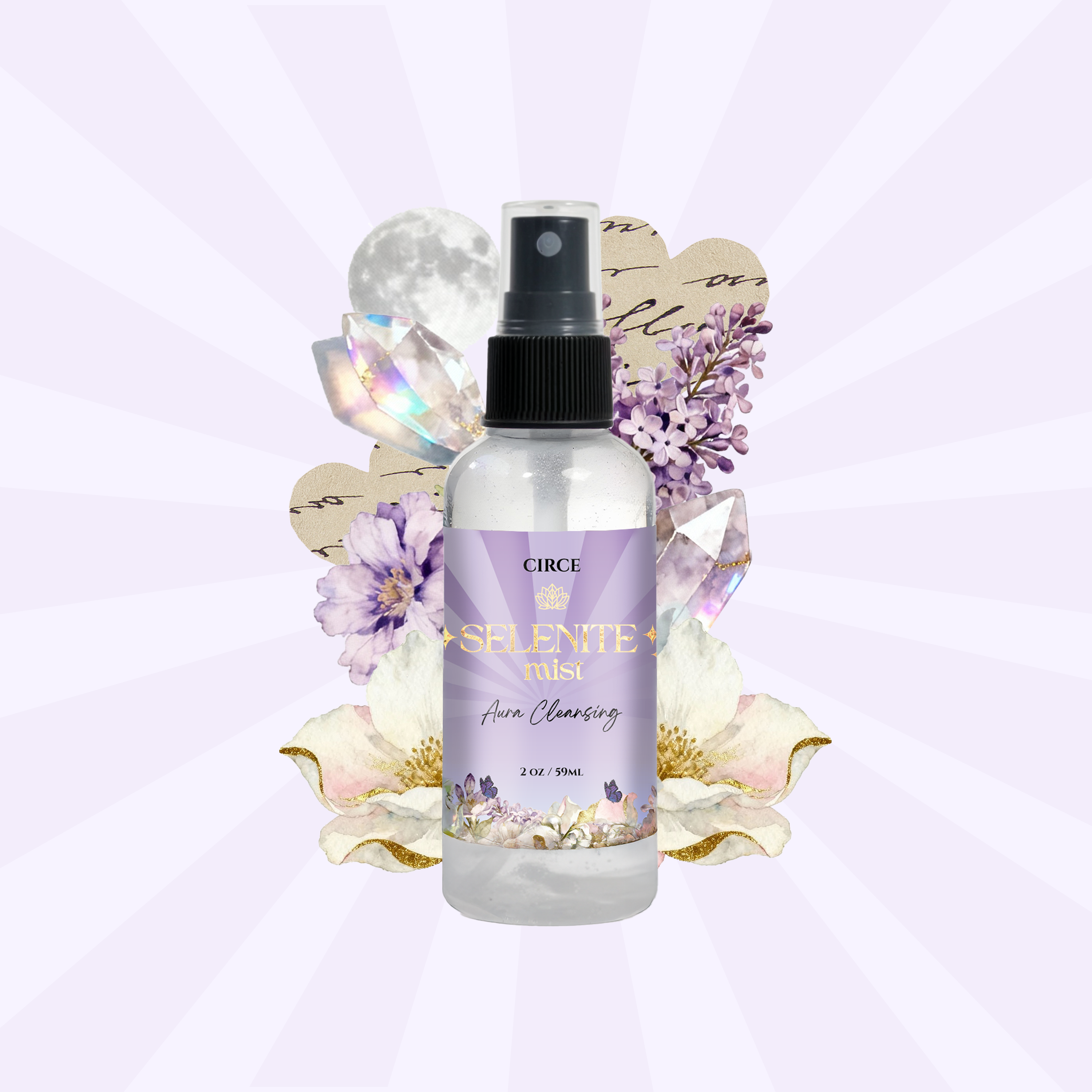 Collage of Circe Boutique Selenite Aura Cleansing Mist 2 oz with white tea and ginger, featuring a spray bottle and selenite crystals.