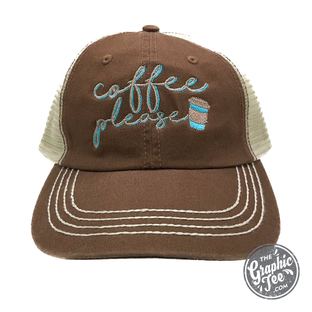 Black mesh back cap by The Graphic Tee with "Coffee Please" embroidered front, adjustable strap, casual style.