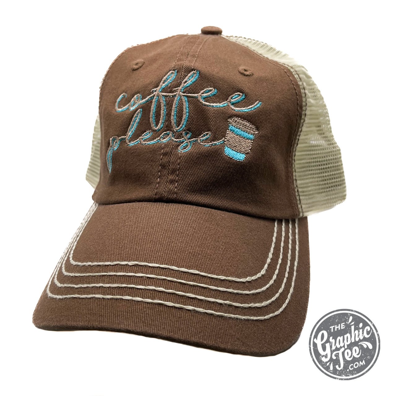 Black mesh back cap with embroidered "Coffee Please" logo by The Graphic Tee, featuring a curved brim and adjustable strap.