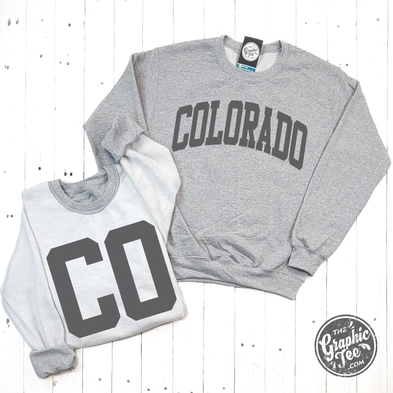 Colorado Reversible Sport Grey Crewneck Sweatshirt from The Graphic Tee, showing the front and back design on a comfortable crewneck.