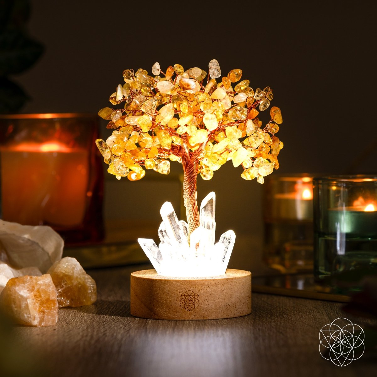 Golden Lamp of Wealth night light featuring a citrine tree design by Conscious Items, illuminating with a warm, golden glow.