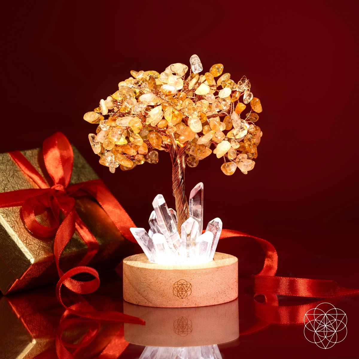 Golden Lamp of Wealth night light featuring a Citrine Tree from Conscious Items, showcasing a warm, glowing decorative lamp.