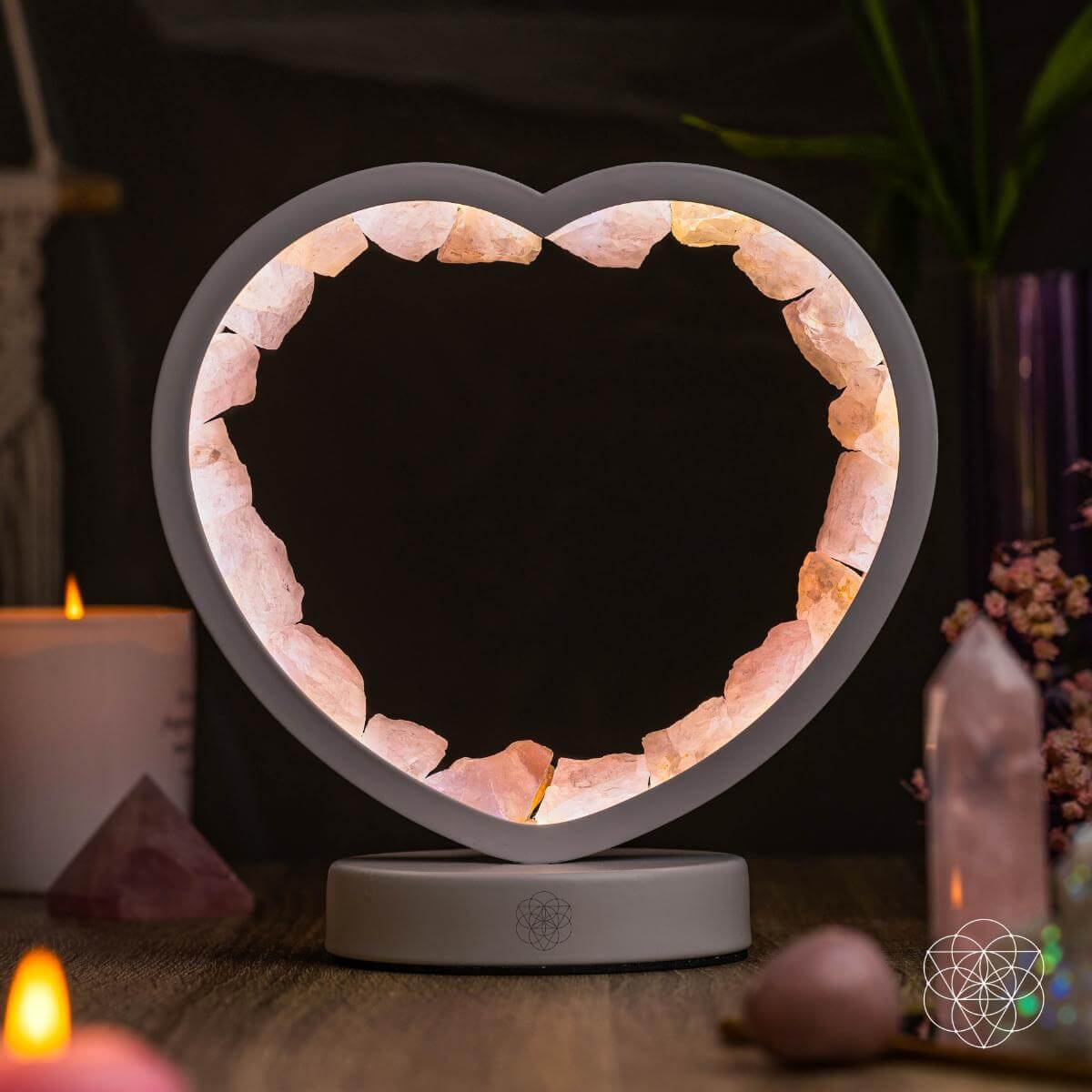 Rose Quartz Heart Lamp night light by Conscious Items, showcasing a soft glowing pink heart-shaped love magnet.