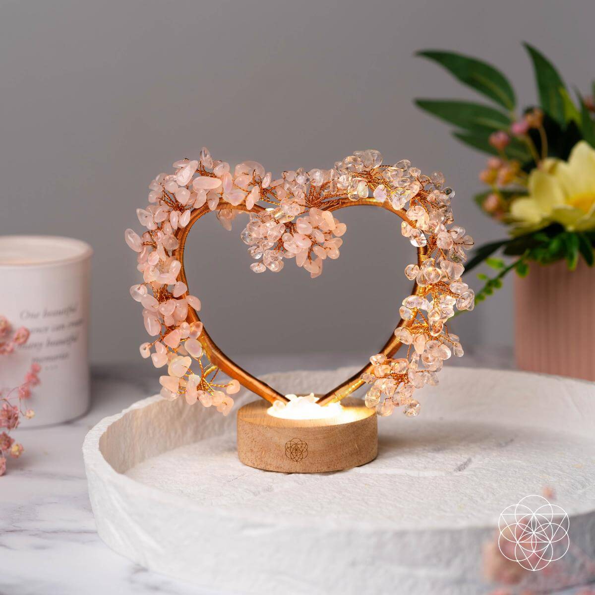 Conscious Items night light featuring a rose and clear quartz tree lamp, with a delicate branches design for soothing ambient lighting.